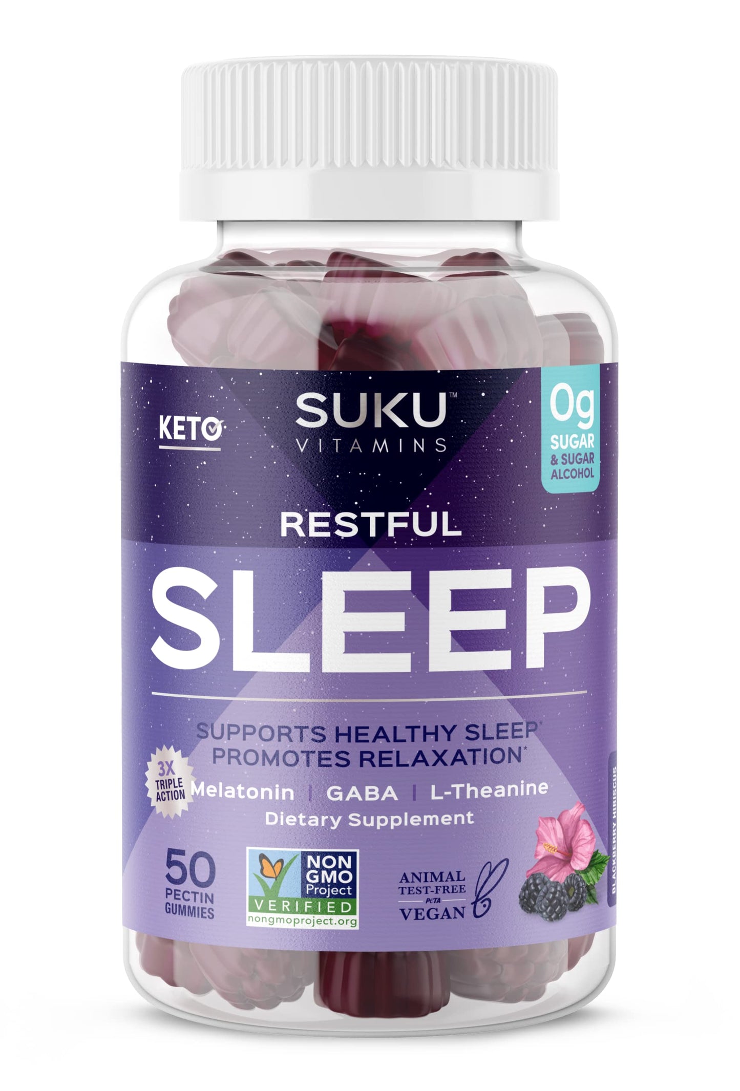 SUKU Restful Sleep Gummies - 3 mg Melatonin, L-Theanine & GABA - Vegan, Sugar-Free Chewable for Relaxation & Natural Sleep Suppo
