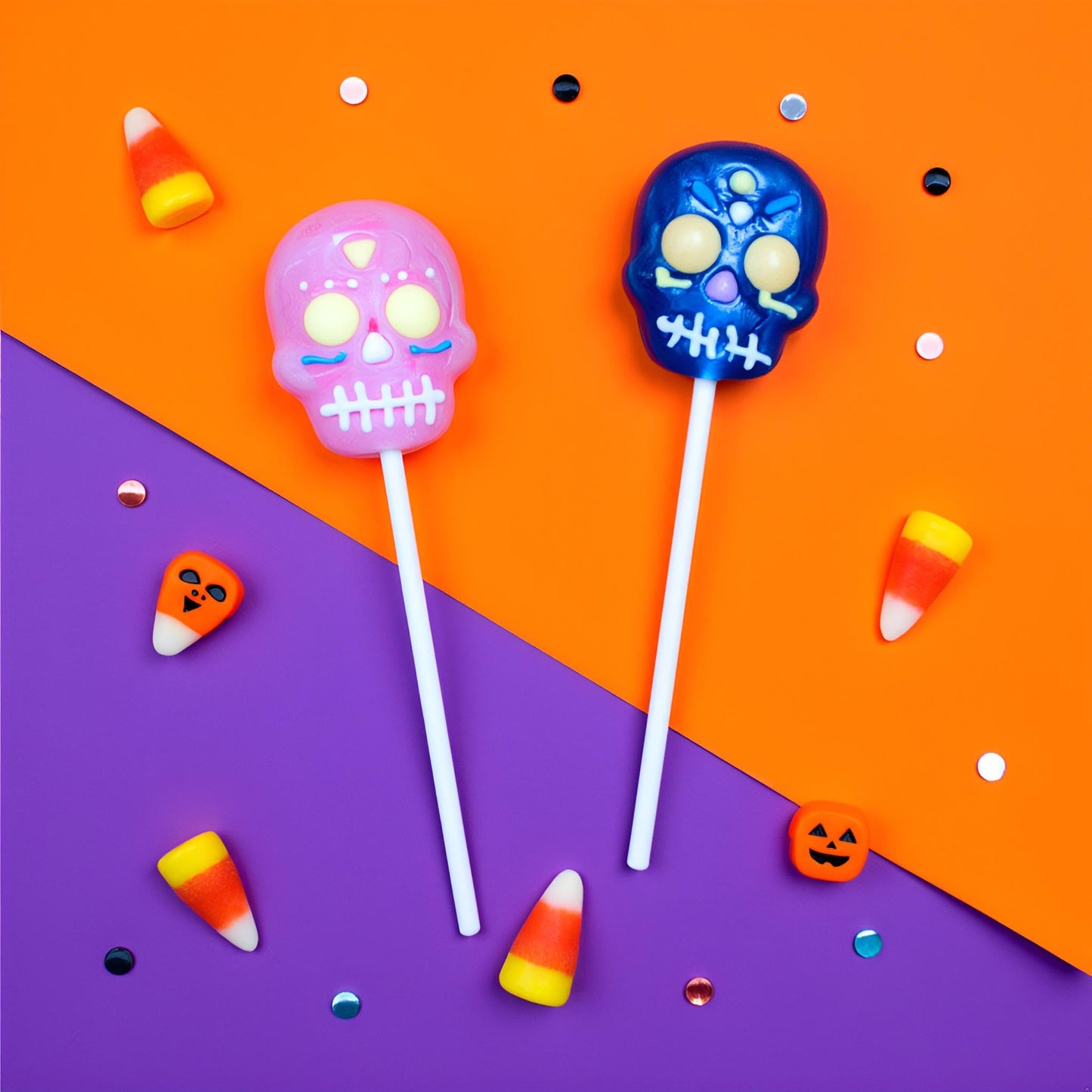 Halloween Sugar Skull Lollipops Candy, 24 Pack, Dia De Los Muertos, Strawberry, Orange, and Blue Raspberry Suckers