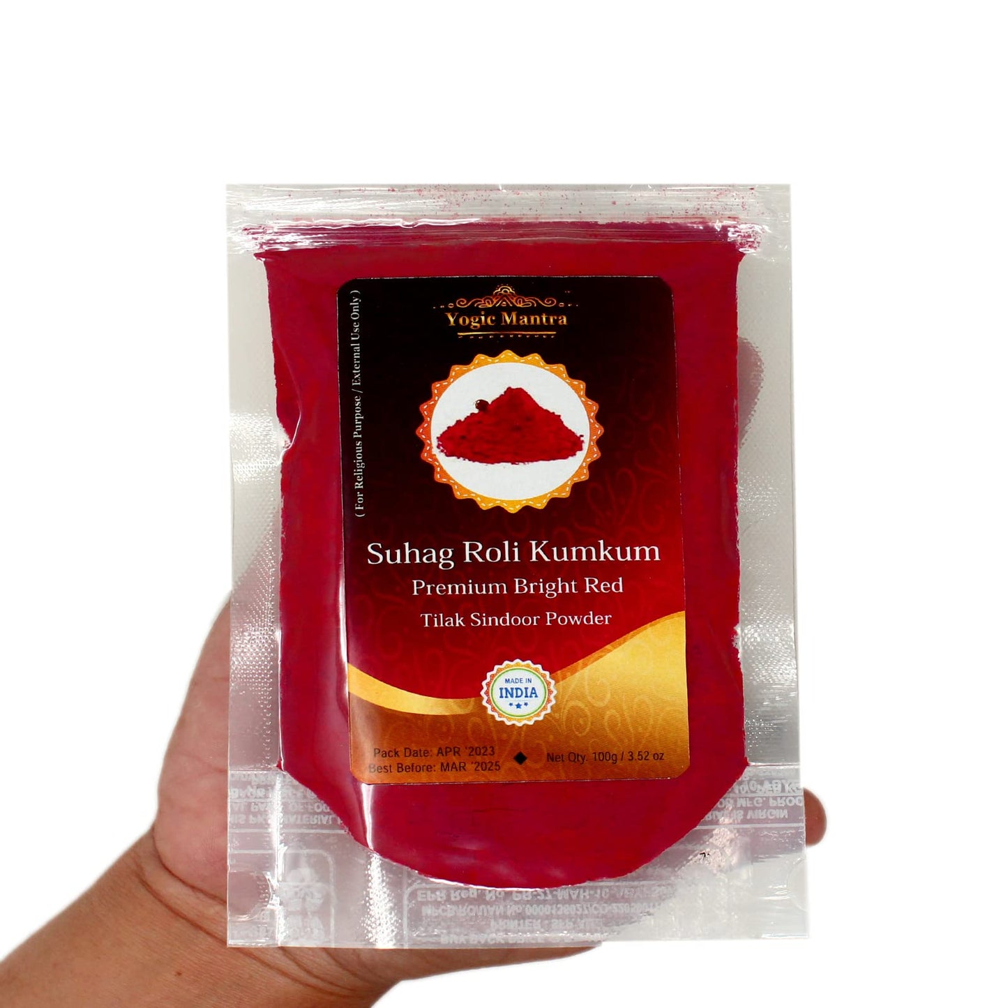 Yogic Mantra Kumkum Powder (100G Resealable Pouch) Bright Red Color Suhag Roli Sindoor Ceremonial Mark Lal Sindur Laxmi Devi Hin