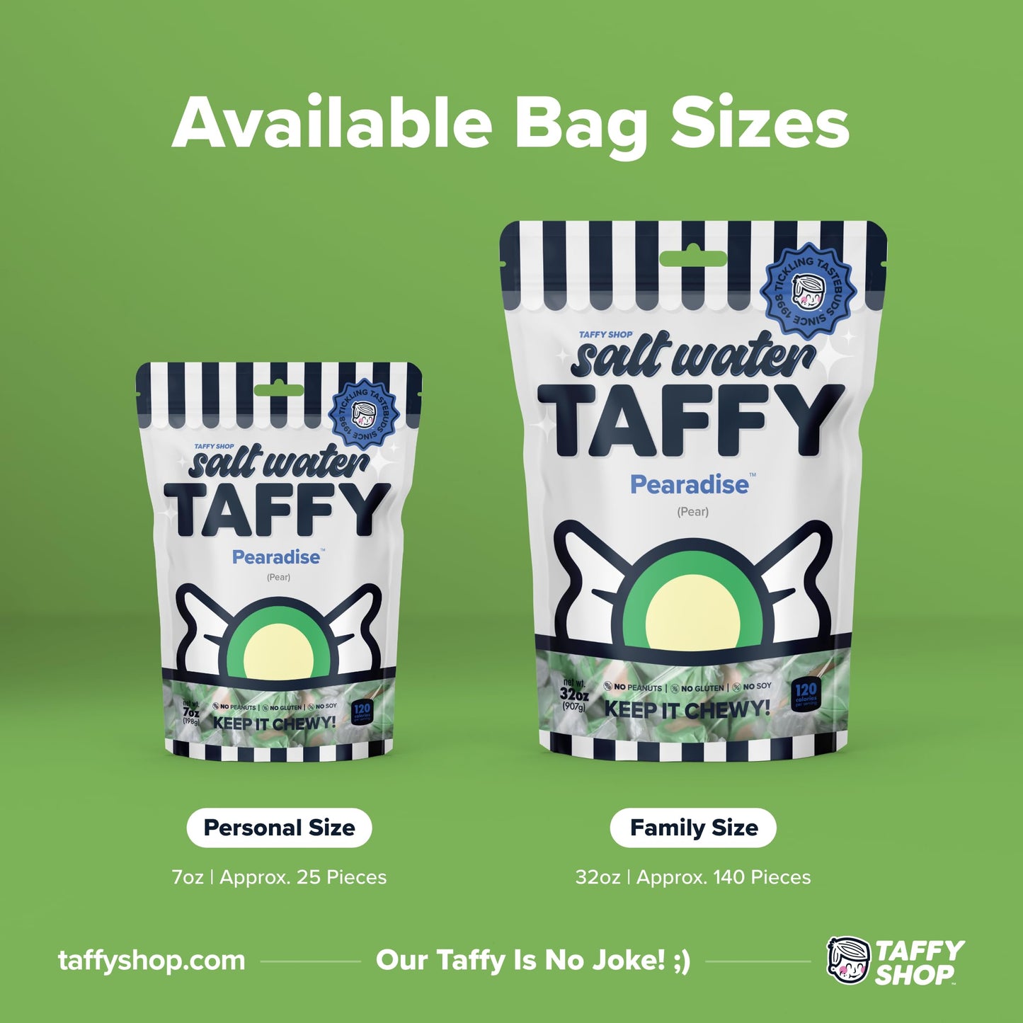 Taffy Shop Pearadise, Pear Salt Water Taffy - Gourmet Soft Chewy Candy, Bulk Sweet Snack, Fresh Gift & Gluten-Free, 140 Individu