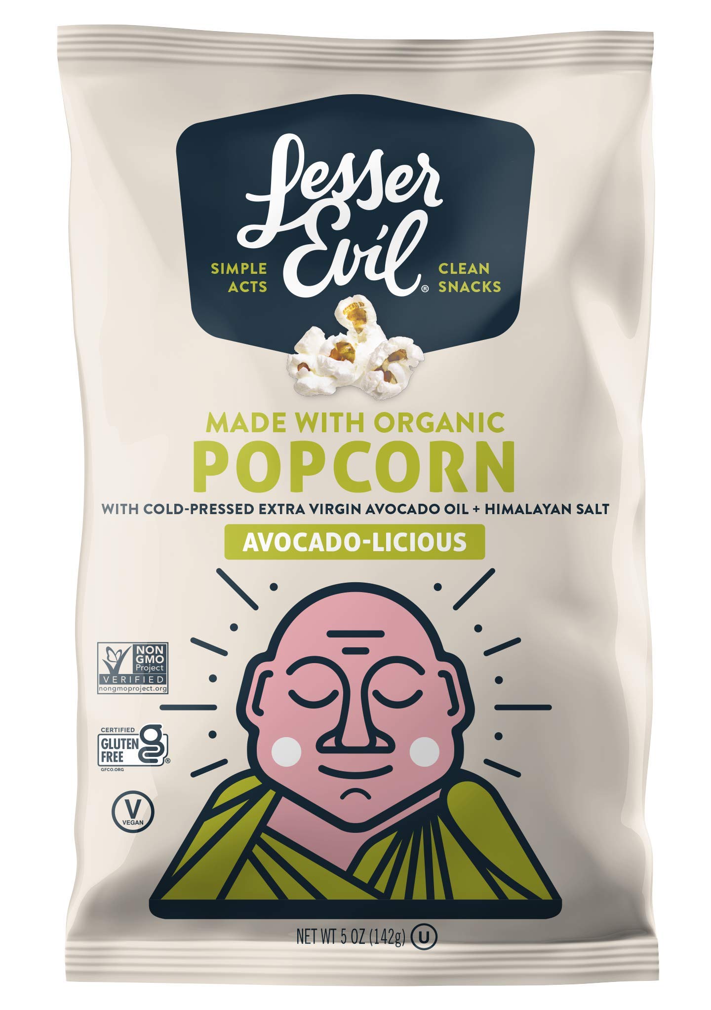 LesserEvil Organic Popcorn, Avocado-Licious, Coconut Oil, 5 oz Bags, Pack of 12