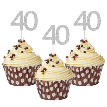 Sumerk 24Pcs 40 Cupcake Toppers Silver Glitter 40Th Birthday Cupcake Picks Anniversary Party Decorations