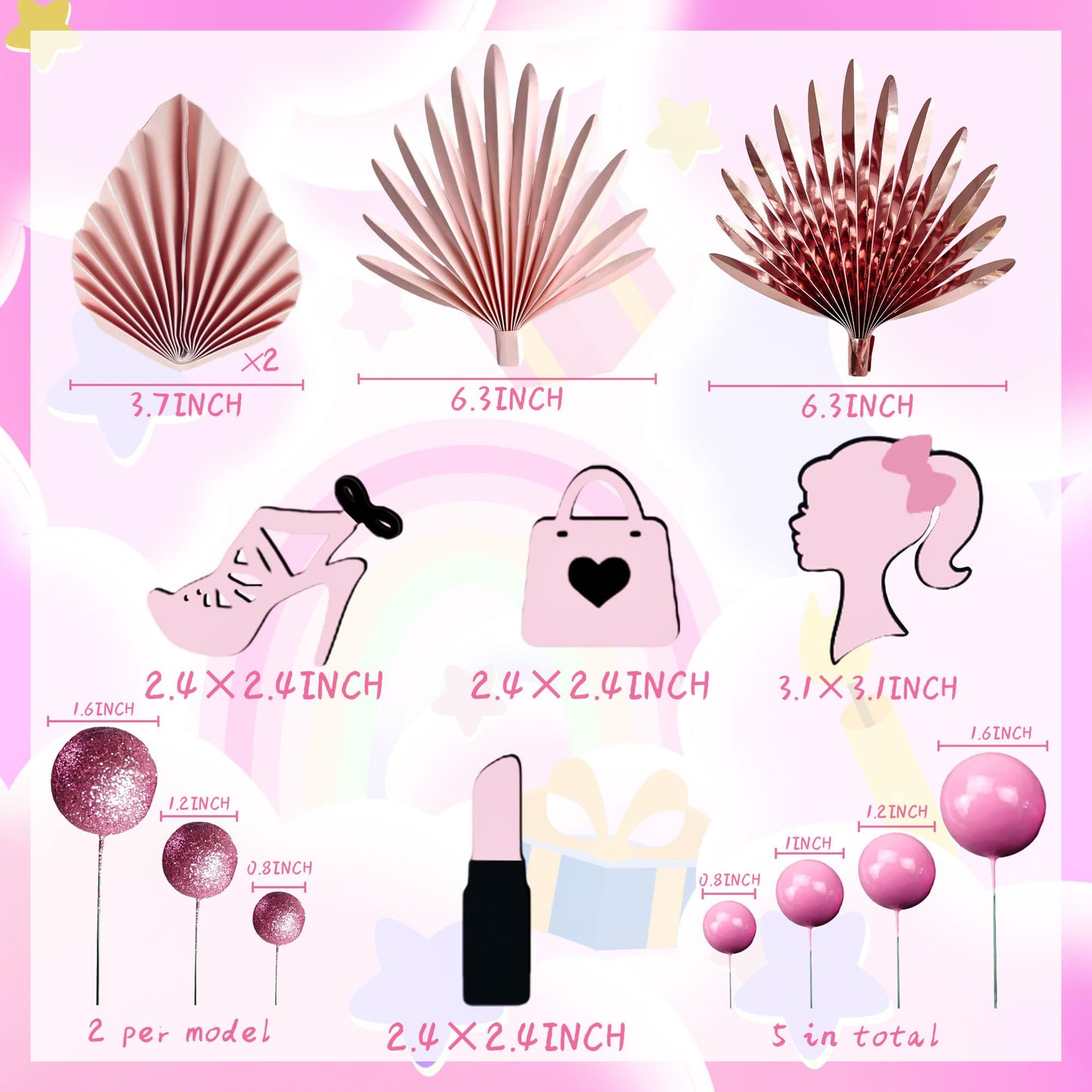 Jevenis Luxury Hot Pink Girl Cake Decoration Pink Girls Birthday Decoration Pink Balls Palm Leaves Heels Lipstick Bags Cake Topp