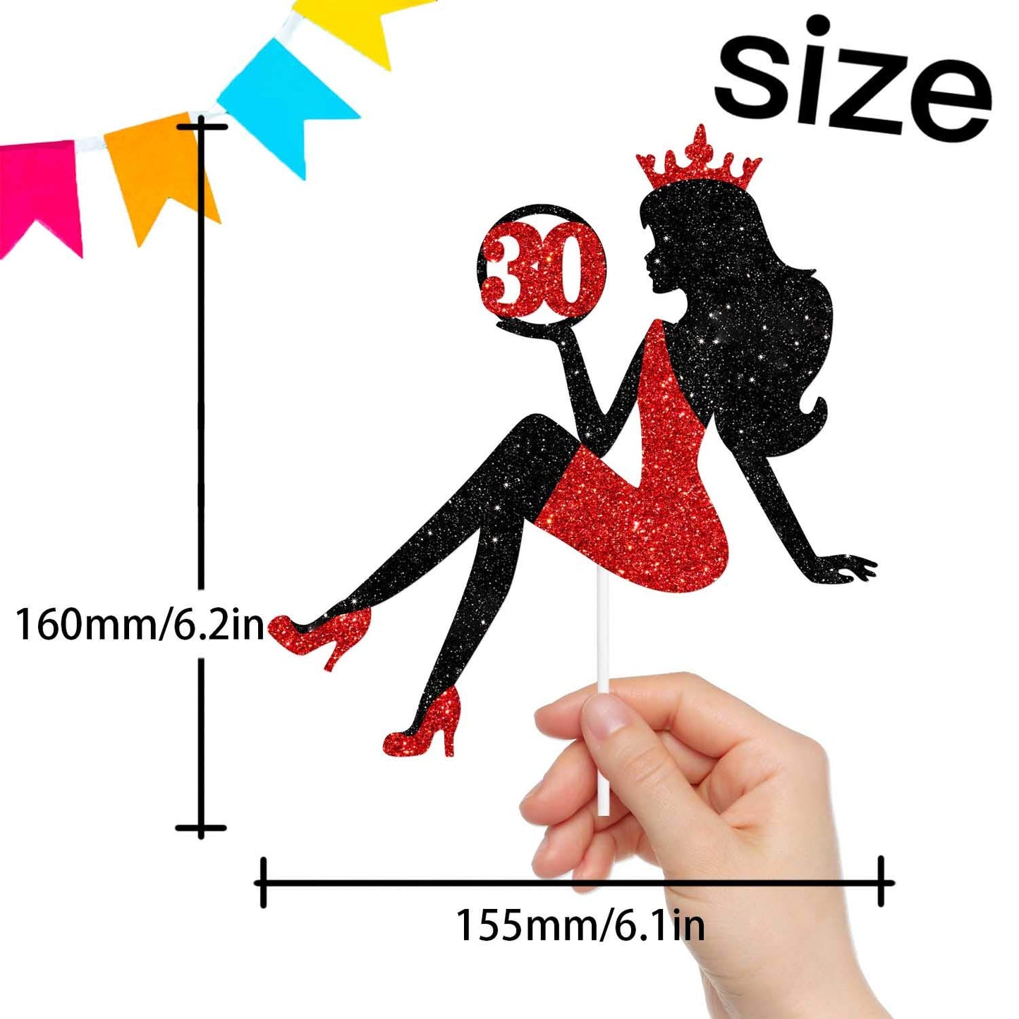 30 Red & Black Sitting Girl Silhouette Cake Topper Decorations With Glamour For Lady 30 Birthday Theme Queen Sexy Party Decor Su