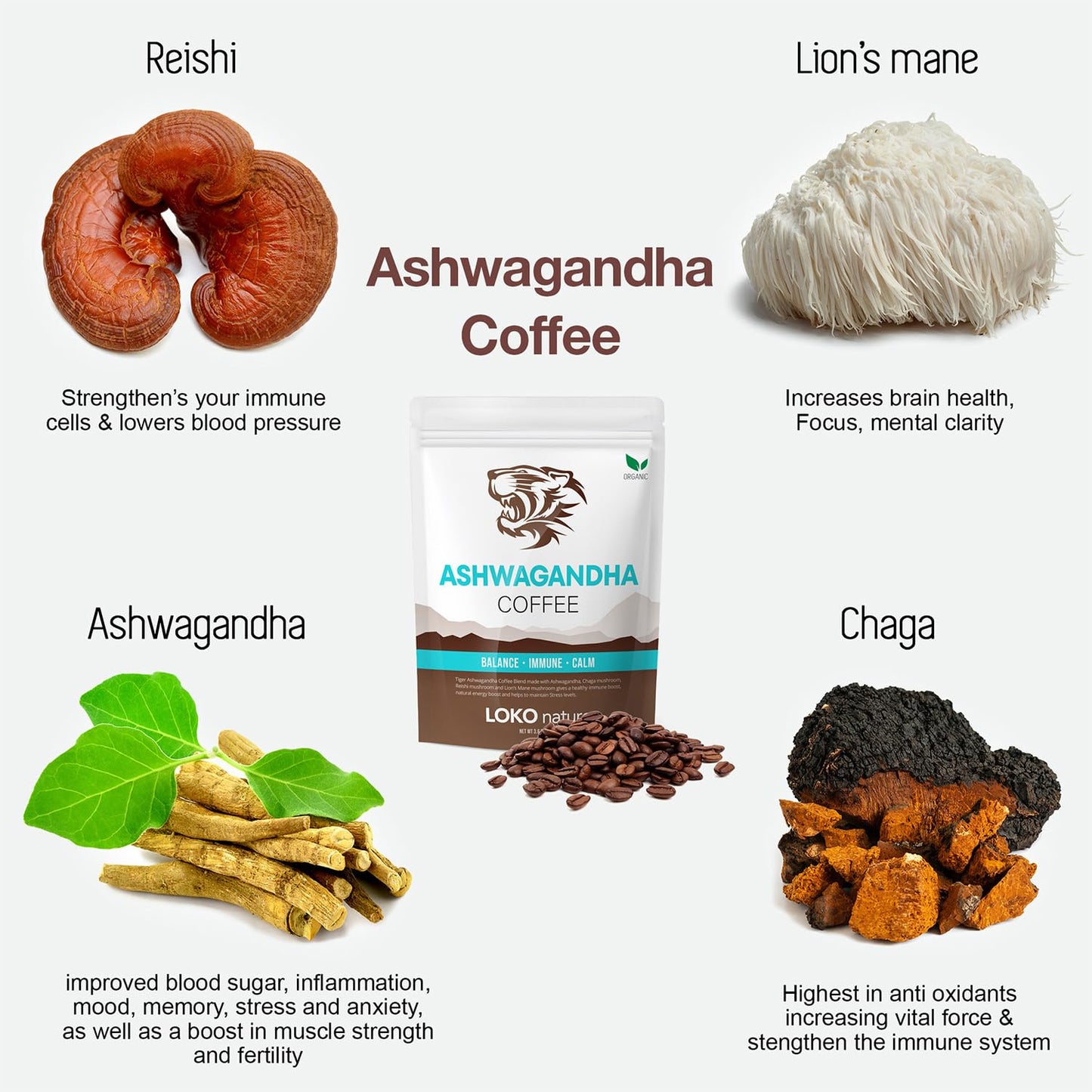 LOKO nature Tiger Ashwagandha Instant Mushroom Coffee - 30 Servings with Reishi, Chaga & Lion's Mane | Vegan, Gluten-Free, Immune Booster