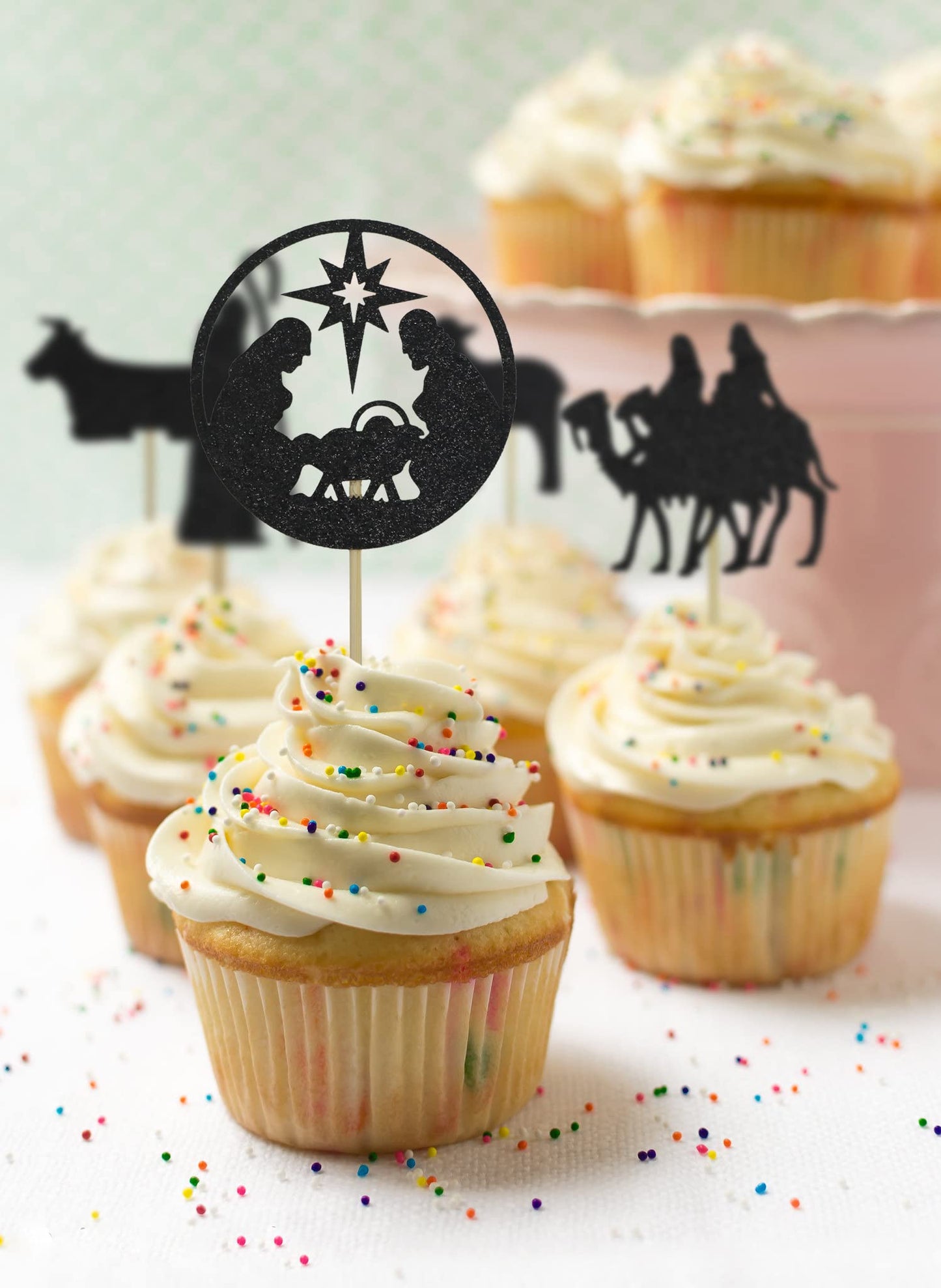 24Pcs Christmas Nativity Cupcake Toppers, Black Glitter Holy Nativity Cupcake Decoration, Christmas Jesus Decorations, Christmas
