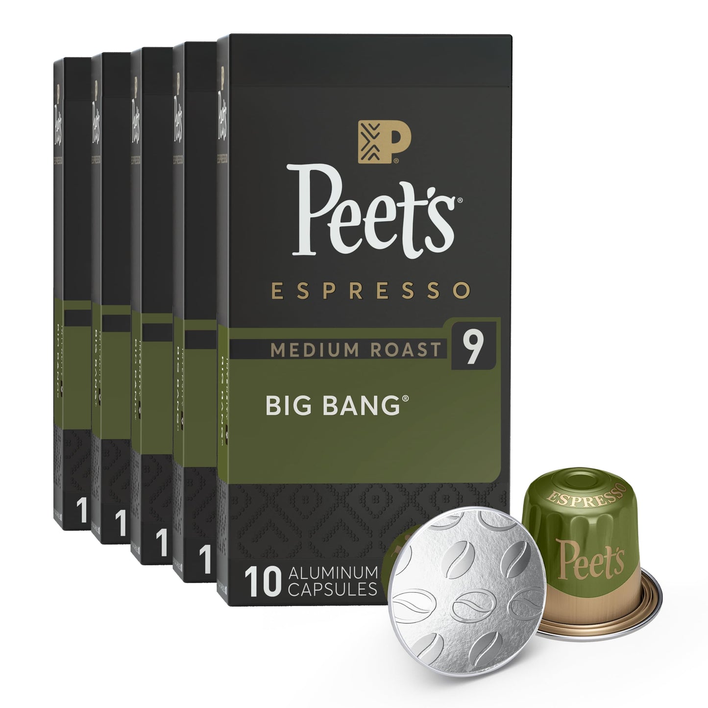 Peets Coffee Medium Roast Espresso Capsules, Compatible with Nespresso, Big Bang Intensity 9, 50 Count (5 Boxes of 10)
