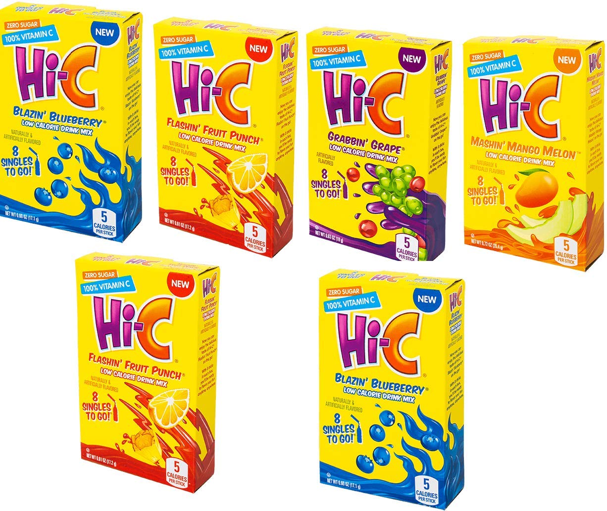 Hi-C Singles To Go Drink Mix Variety Pack, 2 Blazin' Blueberry, 2 Flashin' Fruit Punch, 1 Grabbin' Grape, 1 Mashin' Mango Melon,