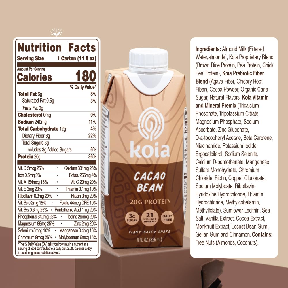Koia Plant Based Protein Shake, Cacao Bean, 20g Protein, 3g Sugar, 6g Prebiotic Fiber, 21 Vitamins & Minerals, Meal Replacement