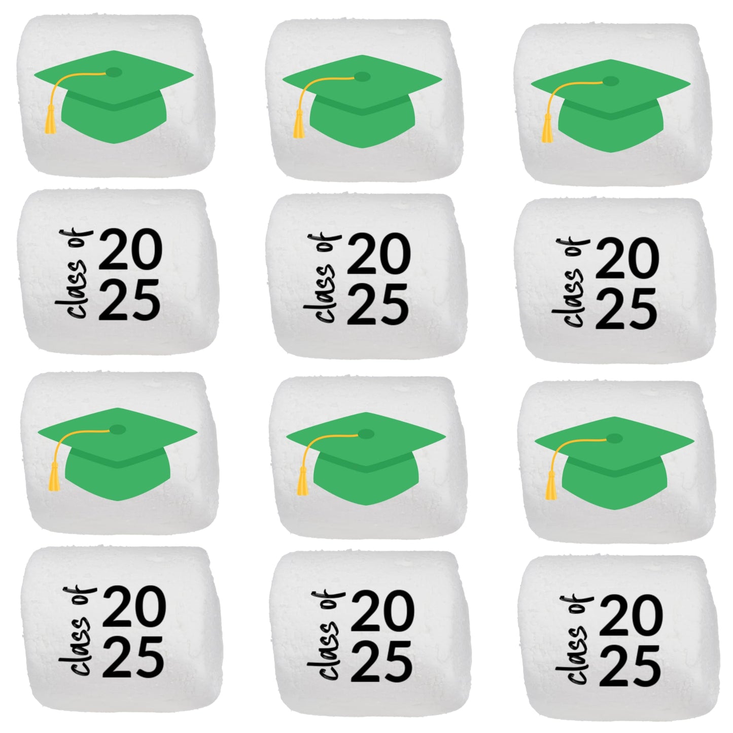 Candy With A Twist Jumbo Marshmallows - Green - 12 Count - Individually Wrapped - Graduation Cap - Class of 2025