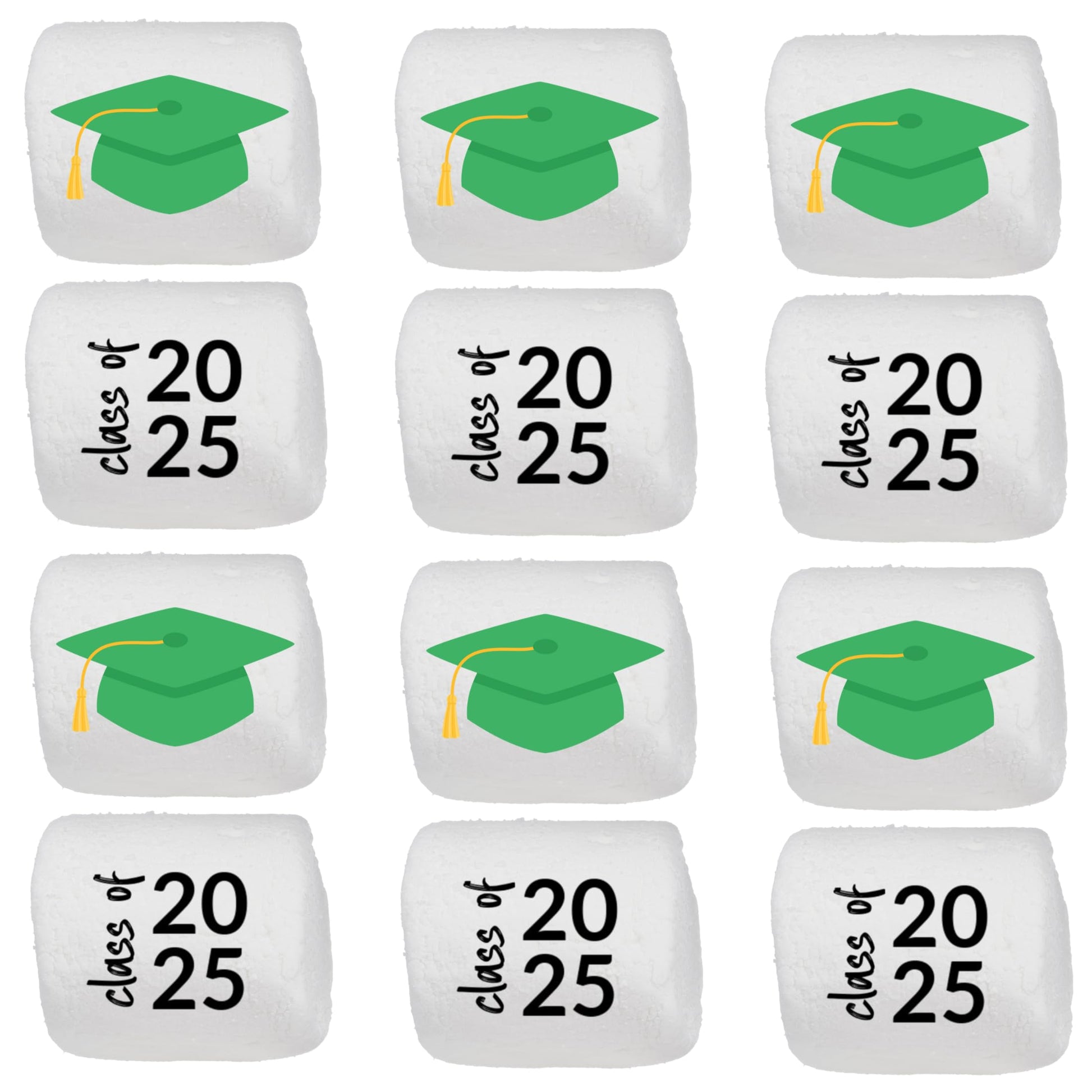 Candy With A Twist Jumbo Marshmallows - Green - 12 Count - Individually Wrapped - Graduation Cap - Class of 2025
