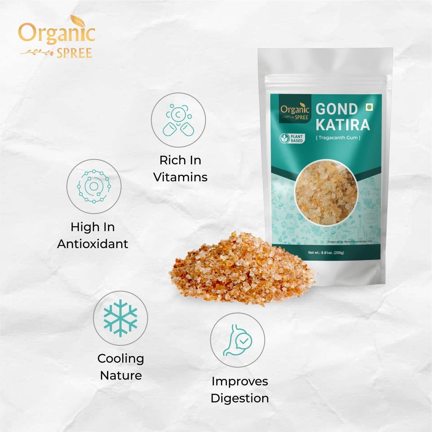 Organic Spree Gond Katira 250Grams (8.81 Oz) - Tragacanth Gum - Gomme Adragante - Goma Tragacanto - (8.81 Oz) Pure And Natural