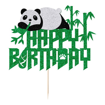 Panda Happy Birthday Cake Topper-Green Panda Bear Bamboo Birthday Cake Decoration,Jungle Animals Theme Party Decoration,Baby Sho