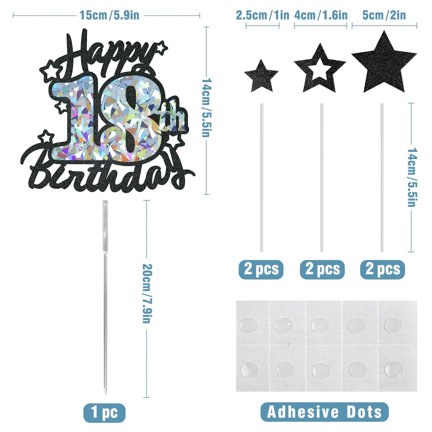 Happy 18Th Birthday Cake Topper, Black Glitter And Gem Patterns Card Stock Cake Toppers, 18 Year Birthday Party Cake Decoration