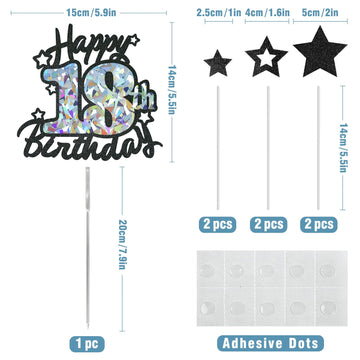 Happy 18Th Birthday Cake Topper, Black Glitter And Gem Patterns Card Stock Cake Toppers, 18 Year Birthday Party Cake Decoration