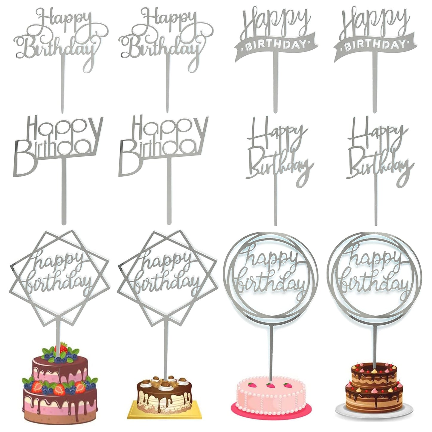 Chewarelly Birthday Cake Topper Set, 12 Pack Acrylic Silver Picks, Model HBCTAC05