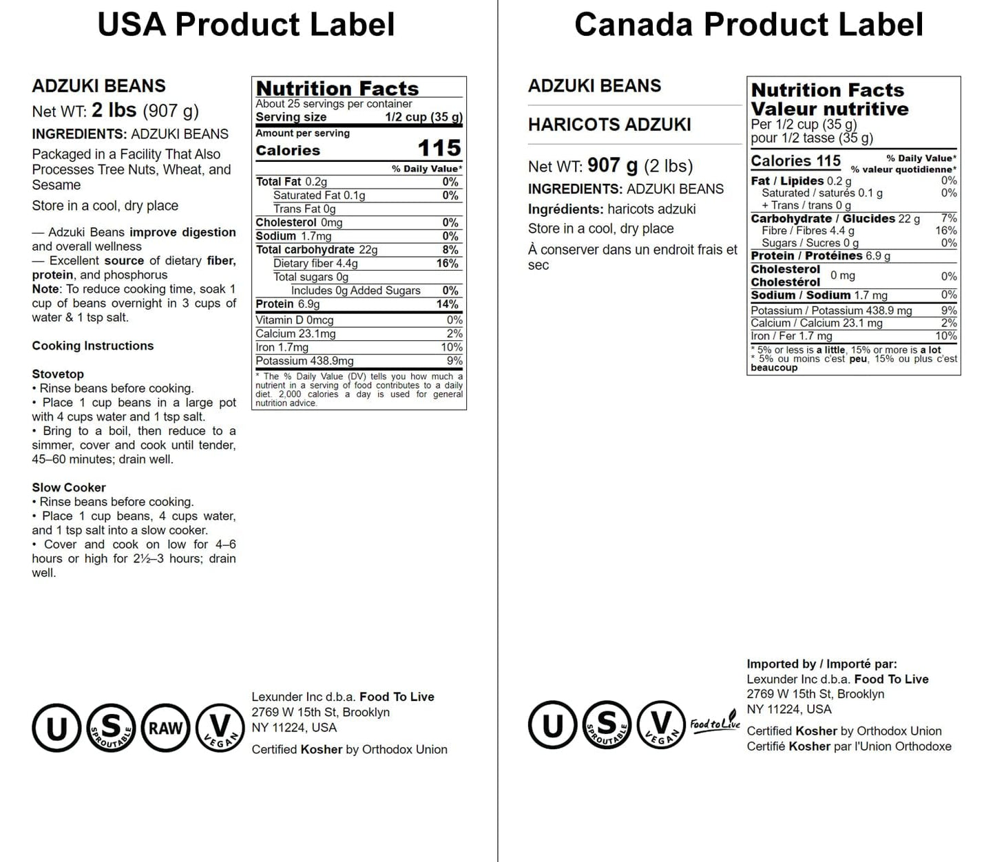 Food to Live - Adzuki Beans, 2 Pounds - Whole Dried Azuki Beans (Red Mung Beans), Raw, Vegan, Kosher, Sproutable, Bulk