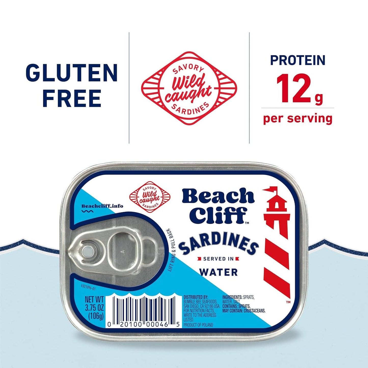 Beach Cliff Sardines in Water, 3.75 oz Can, Pack of 12 - Wild Caught, 12g Protein, Gluten Free, Keto Friendly