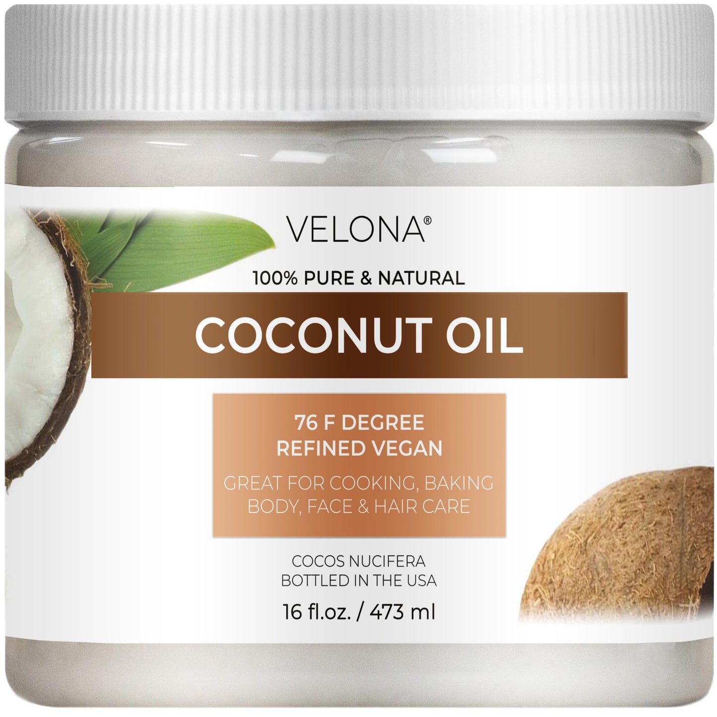 velona Coconut Oil 76 Degree 16 fl oz | 100% Pure and Natural Carrier Oil | in jar | Refined, Cold pressed | Skin, Face, Body, H