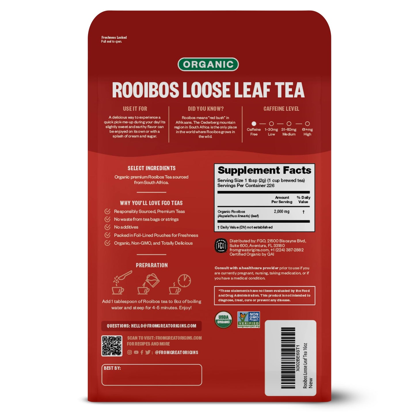 Fgo Organic Rooibos Loose Leaf Tea, Resealable Kraft Bag, 16Oz, Packaging May Vary (Pack Of 1)