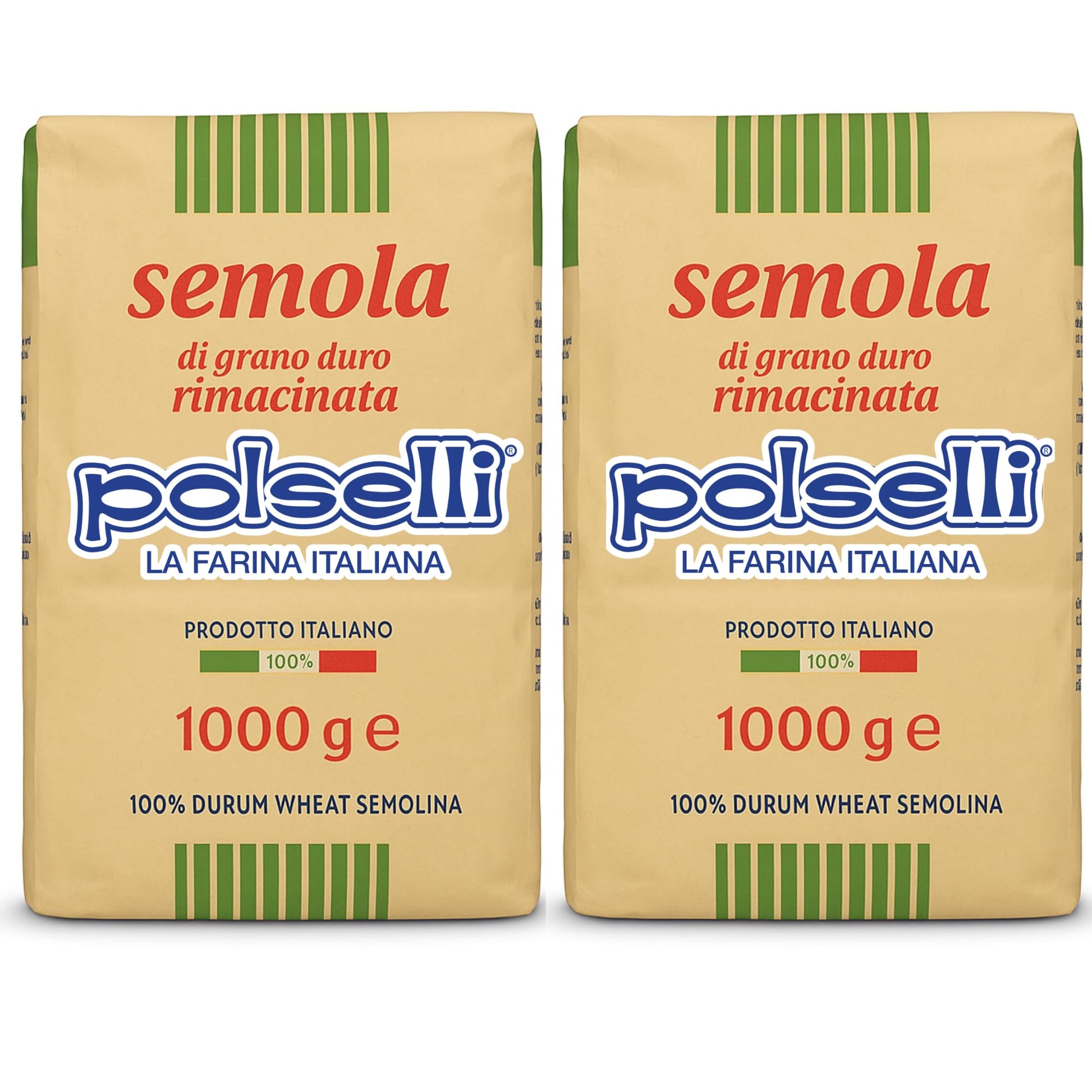 POLSELLI 2 Pack x 1 kg, Semola Flour, Semolina Rimachinata di grano duro, Great for Bread, Pizza, or Pasta making