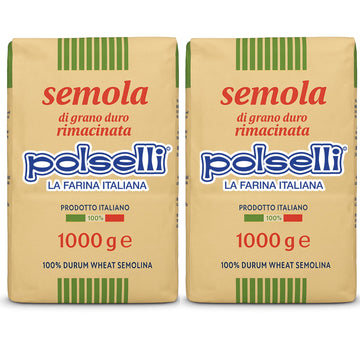 POLSELLI 2 Pack x 1 kg, Semola Flour, Semolina Rimachinata di grano duro, Great for Bread, Pizza, or Pasta making
