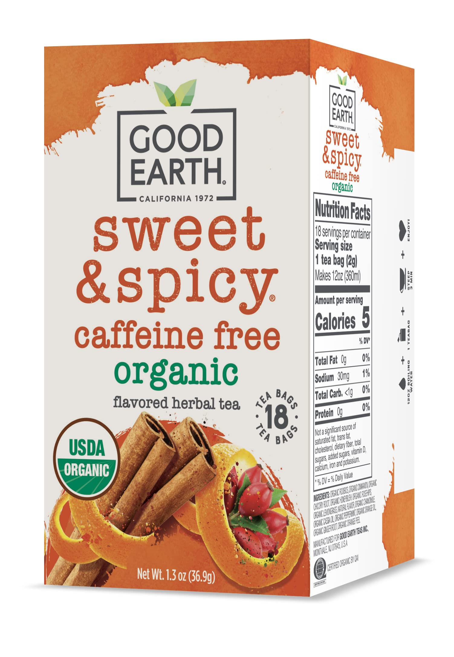 Good Earth Organic Herbal Tea, Sweet & Spicy, Caffeine Free, 18 Count (Pack of 6), Black