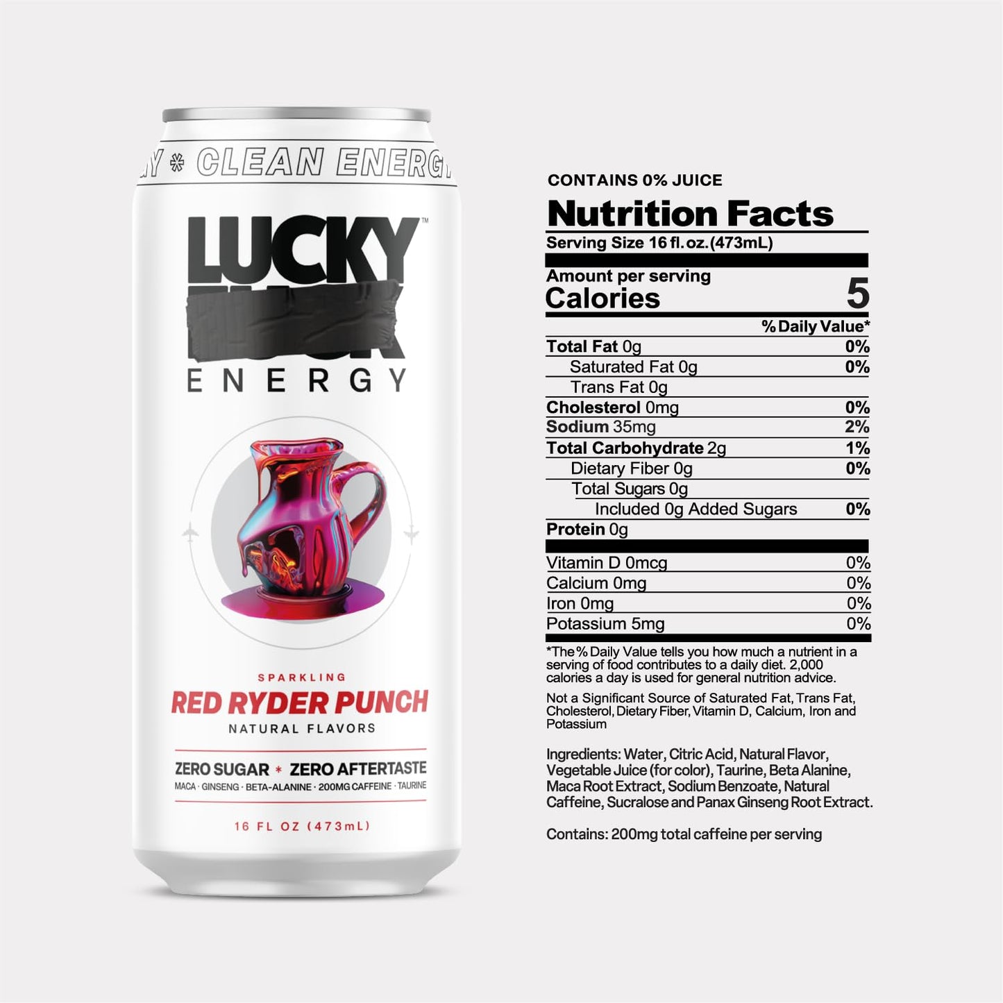 Lucky Energy Sugar Free Energy Drink, Red Ryder Punch, 16oz Cans, 12-Pack, Zero Sugar, 200mg Caffeine