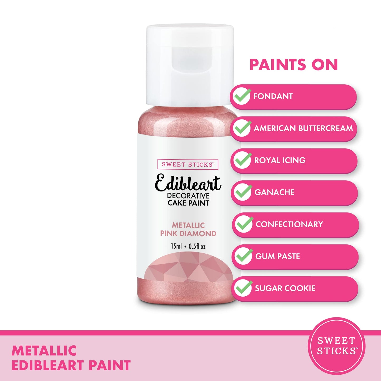 SWEET STICKS Edible Art Cake Paint, Metallic Pink Diamond, 0.5 Fl Oz