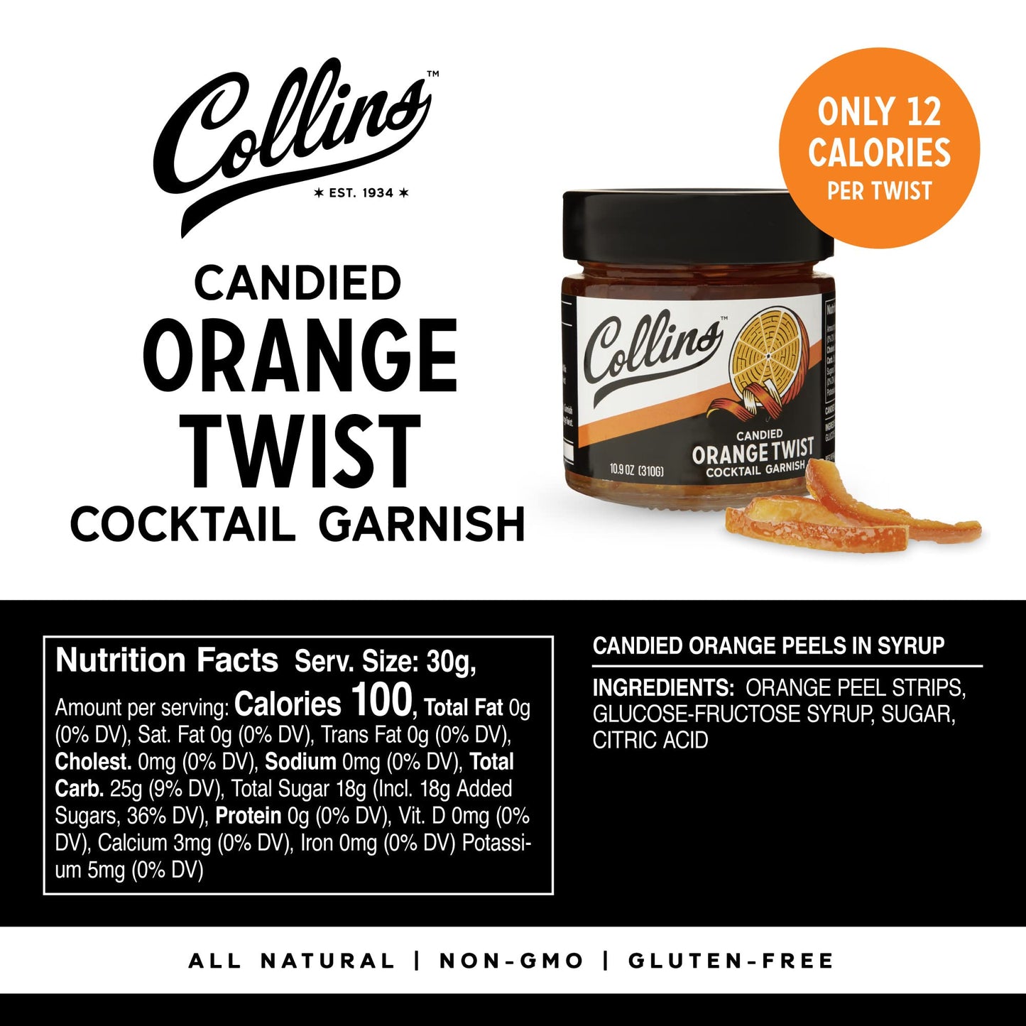 Collins Candied Fruit Orange Peel Twist in Syrup - Set of 6, 10.9oz - Ideal for Cocktails and Baking