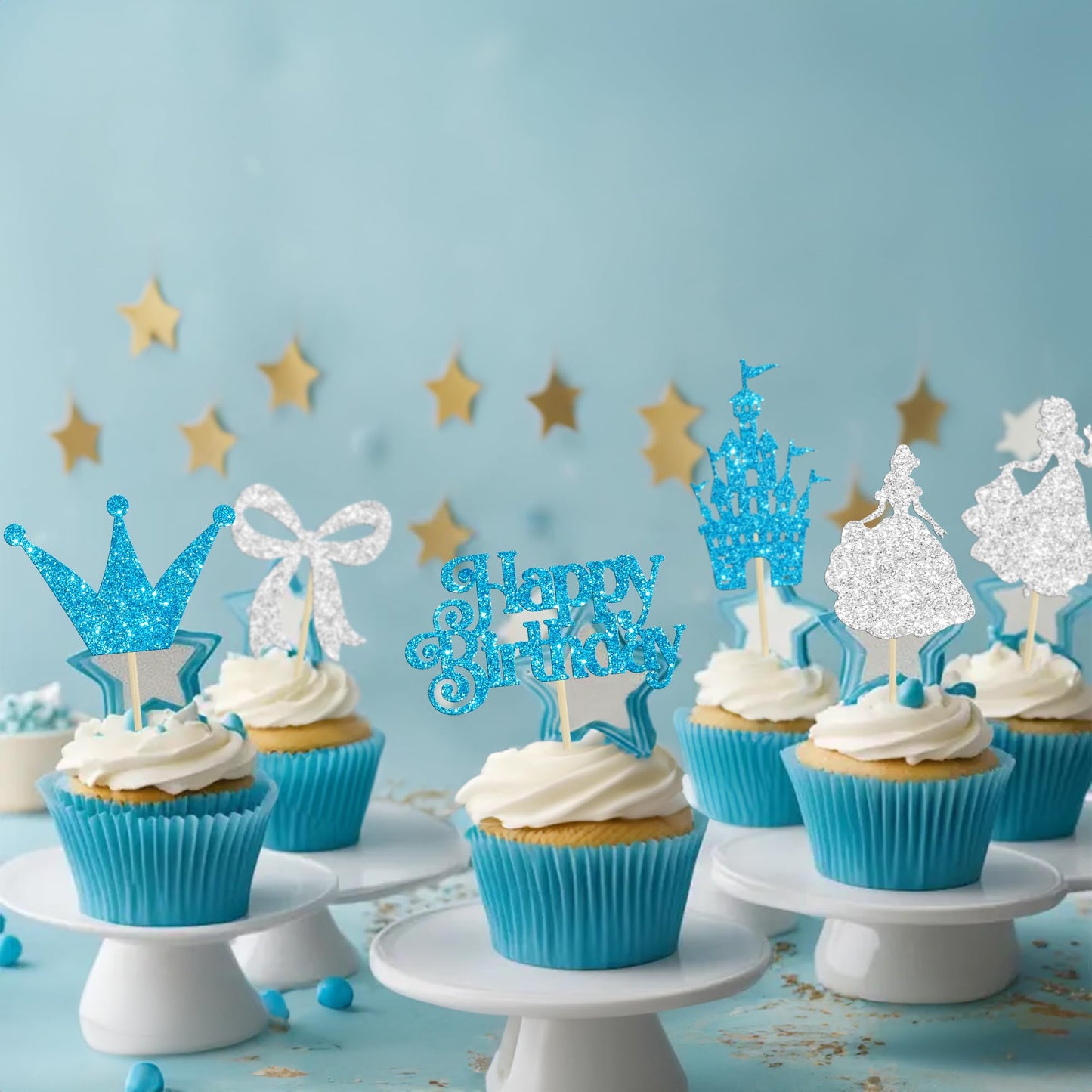 Gyufise 24Pcs Frozen Princess Cupcake Toppers Glitter Castle Bowknot Happy Birthday Cake Topper Decorations For Princess Happy B