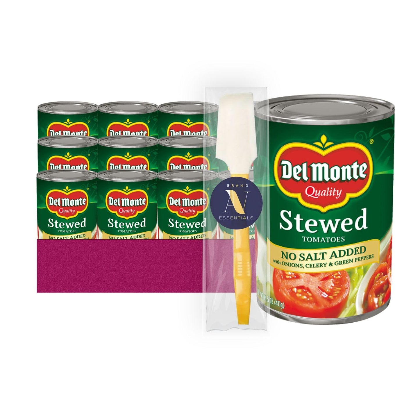 Del Monte - Lavinia Essentials Bundle: Tomatoes 12- Pack of Stewed No Salt Added with Onions, Celery & Green Peppers Canned Vege