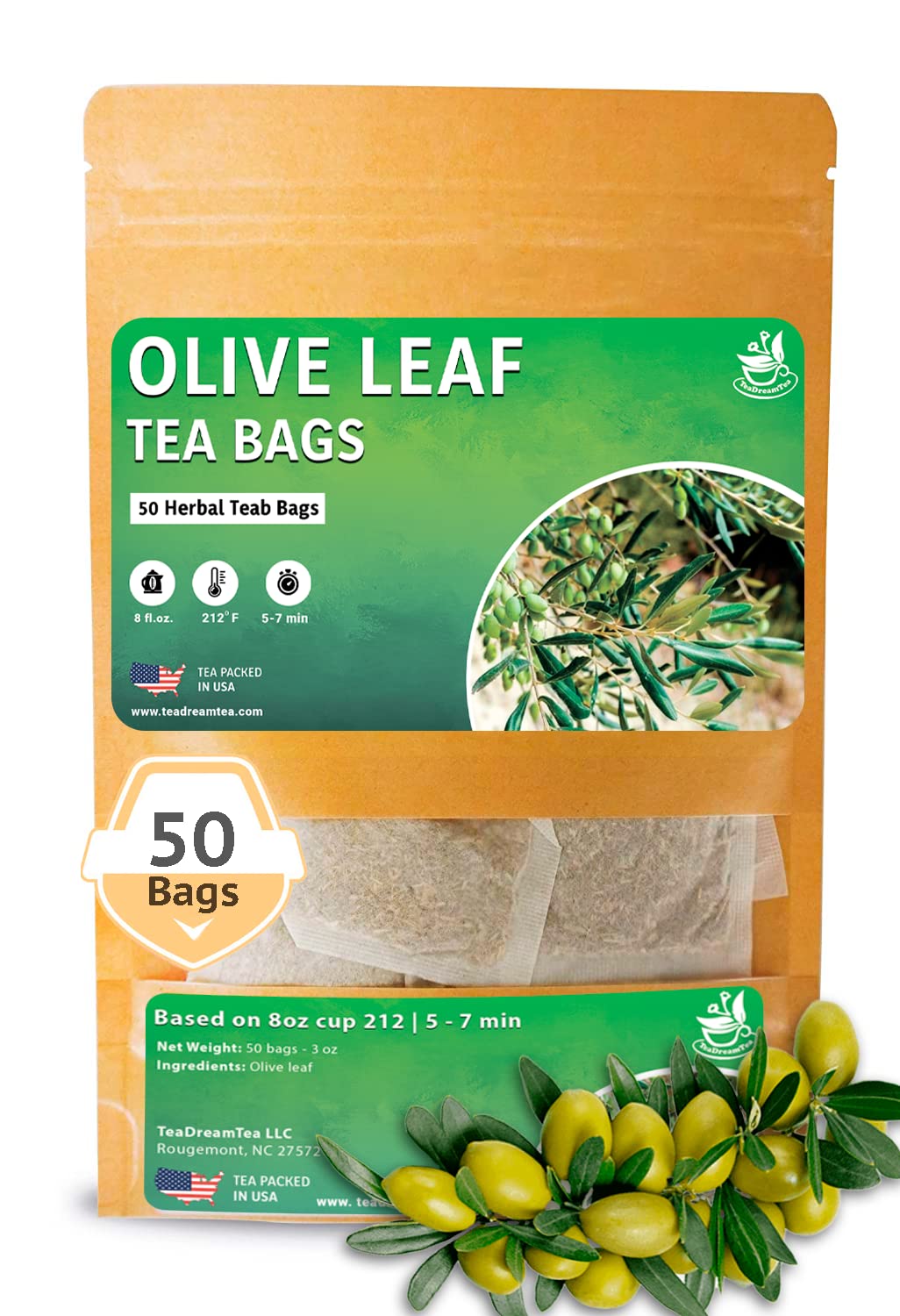TeaDreamTea Olive Leaf Herbal Tea Bags - Caffeine Free - 50 Count