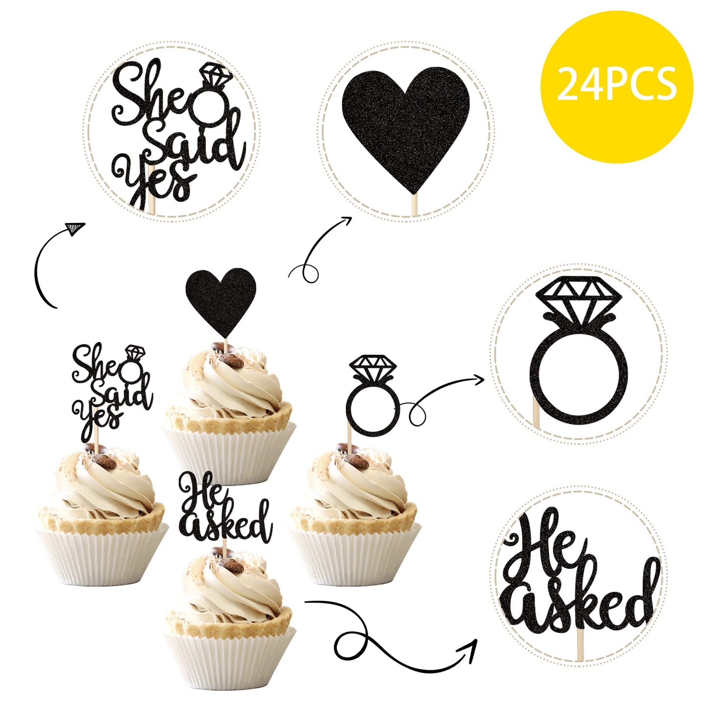 ZHUOWEISM Cupcake Toppers 24 PCS Glitter Heart Ring Bachelorette Wedding Engagement Party Decorations Small Black Bamboo