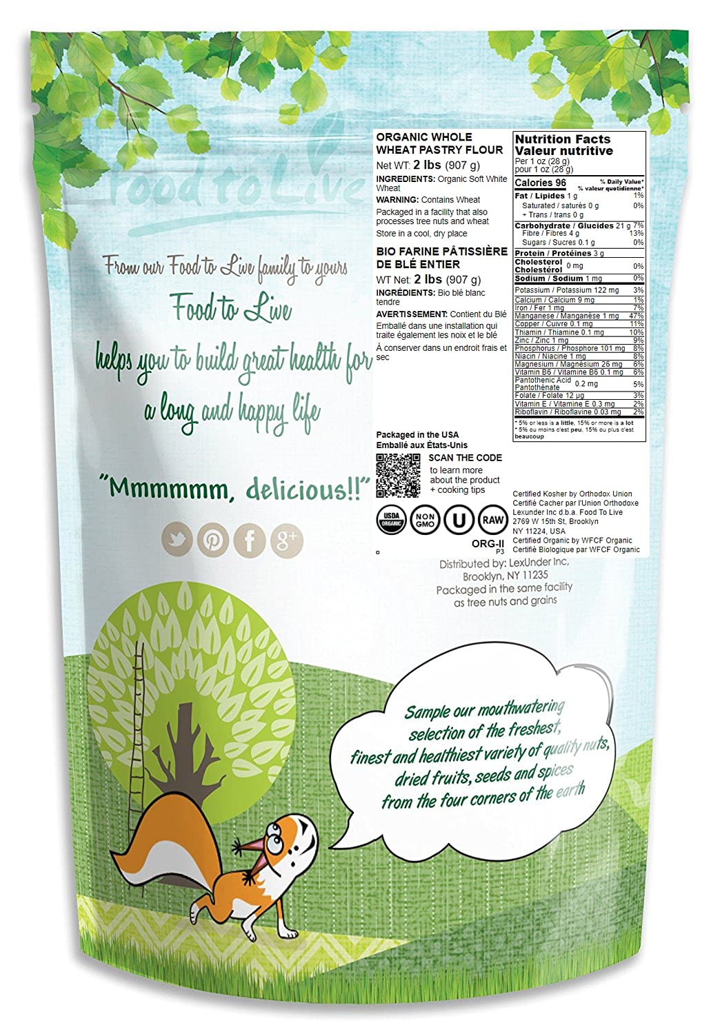 Food To Live Organic Whole Wheat Pastry Flour, 2 Pounds - Non-Gmo, Finely Ground, Unbleached, Unbromated, Vegan, Kosher, All Nat