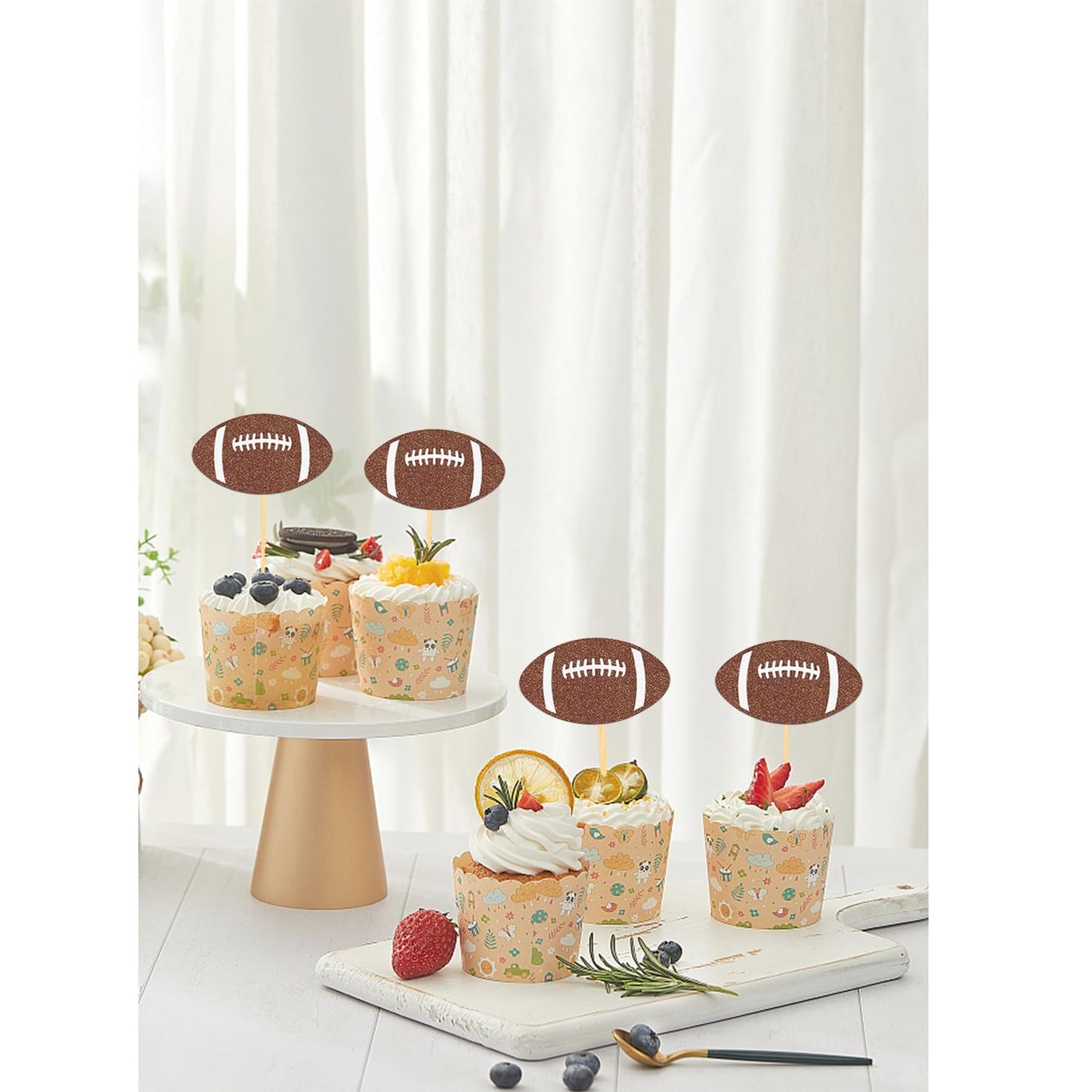 24Pcs Glitter Football Cupcake Toppers For Football Party Decorations, Football Player Cupcake Toppers - Football Theme Cake Top