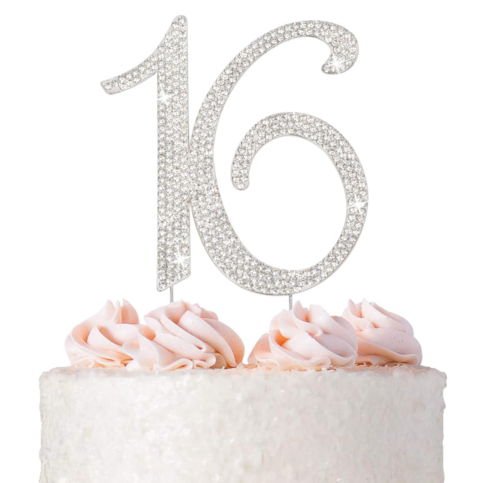 Crystal Creations 16 Cake Topper - Premium Silver Metal, Sparkly Rhinestone Decoration, 1 Count