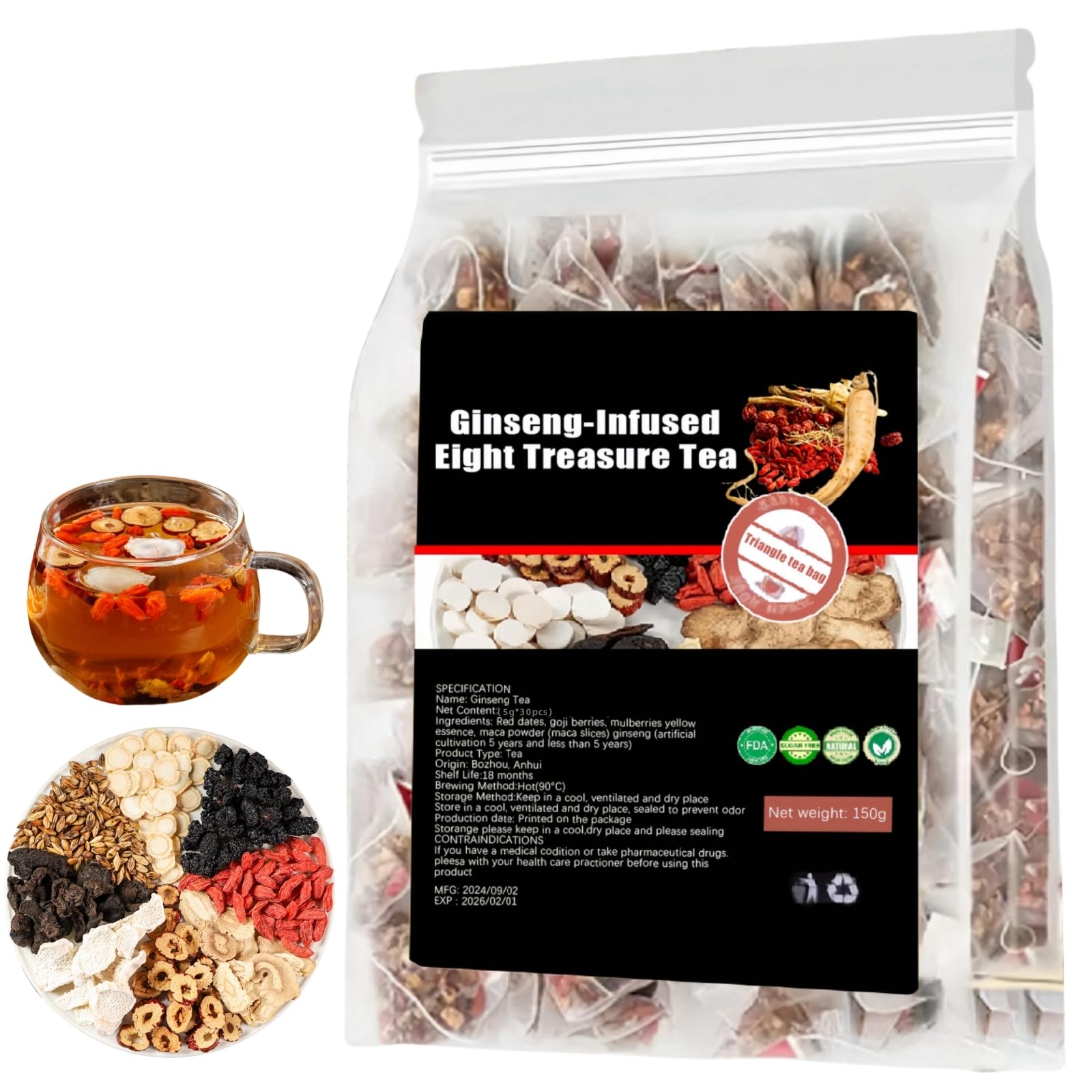 Ginseng-infused Eight Treasure Tea, Kidney Tea formula Ginseng Five Treasure Tea, Red Date Wolfberry Mulberry Health Tea, Han Sh