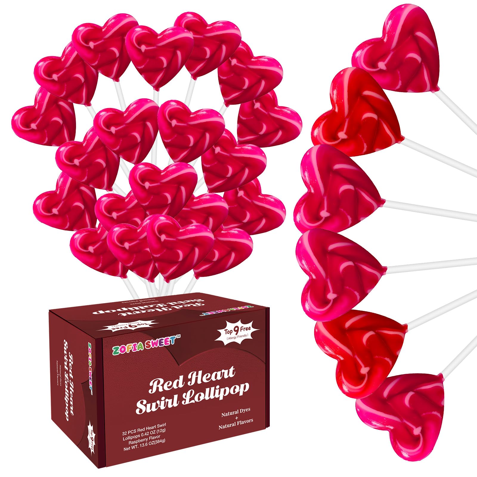 ZOFIA SWEET Valentines Day Red Heart Lollipops, 32 Count, Gluten Free, Raspberry Flavor, Individually Wrapped