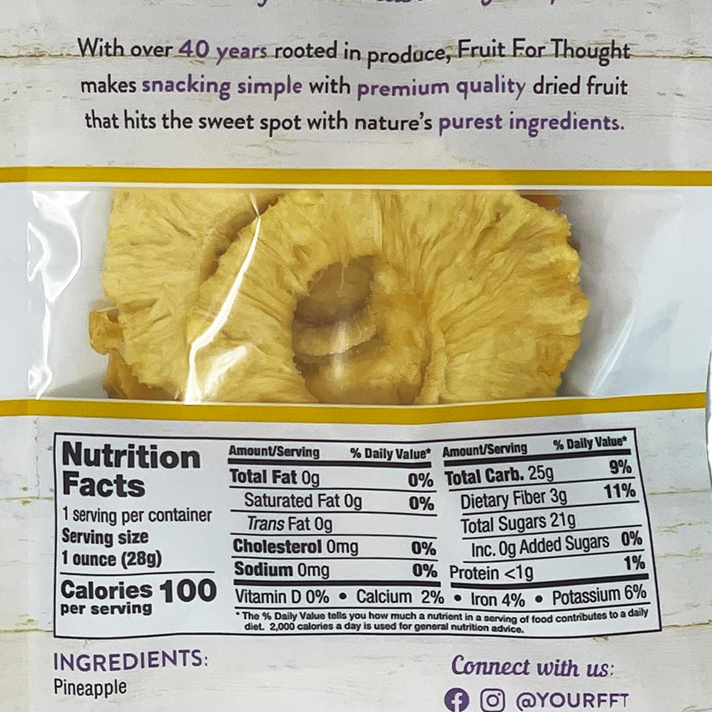 Fruit For Thought Dried Pineapple Snack Packs, 1 Ounce Bags, Pack of 12, Ideal for Family, At Home, Work, or On The Go