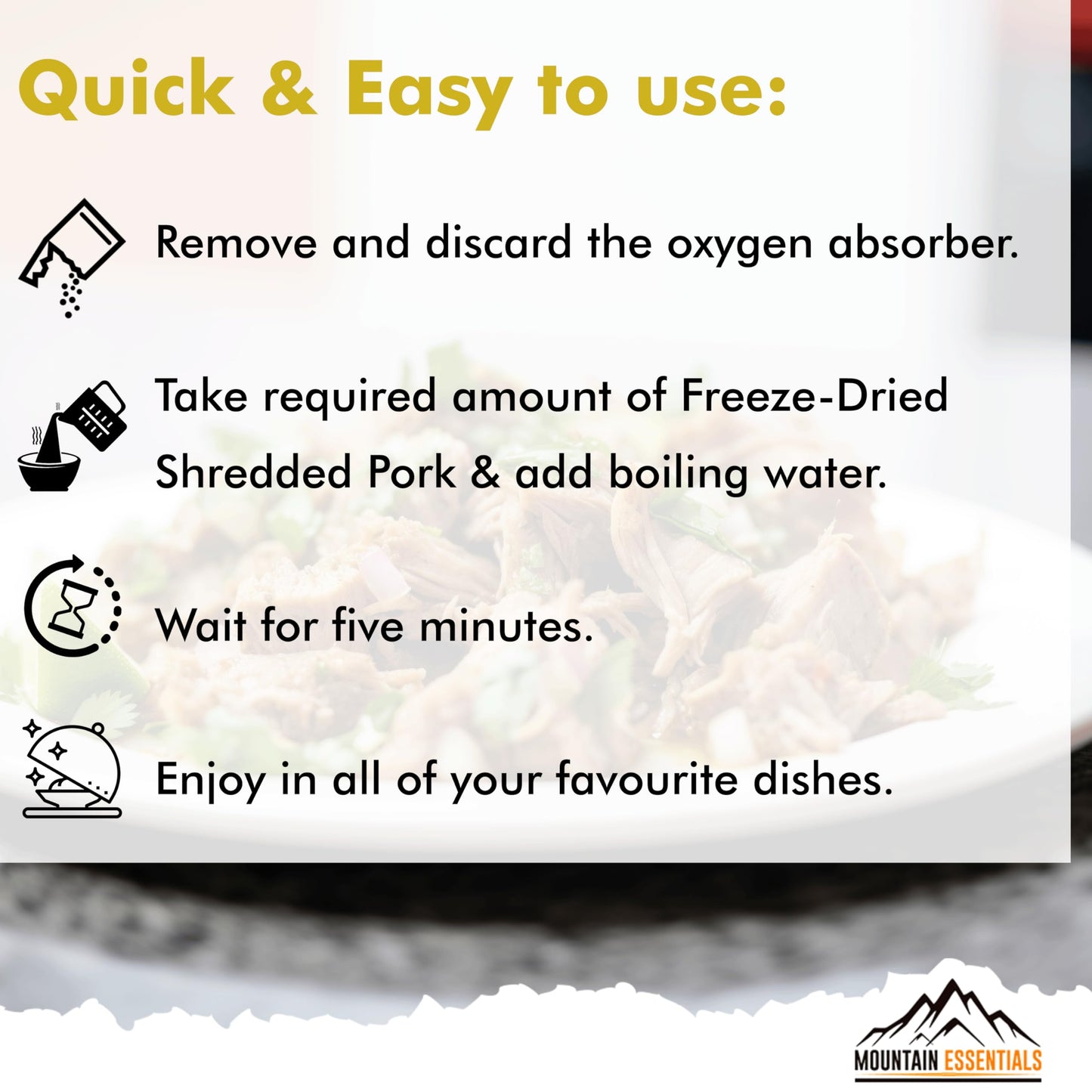 Mountain Essentials Freeze-Dried Shredded Pork – Fully Cooked, Ready-To-Eat Meat | 10 Servings Per Pouch | 7-Year Shelf Life | Ideal For Daily Meals, Camping, Emergency Preparedness & Survival | Made In Usa | Pack Of 1