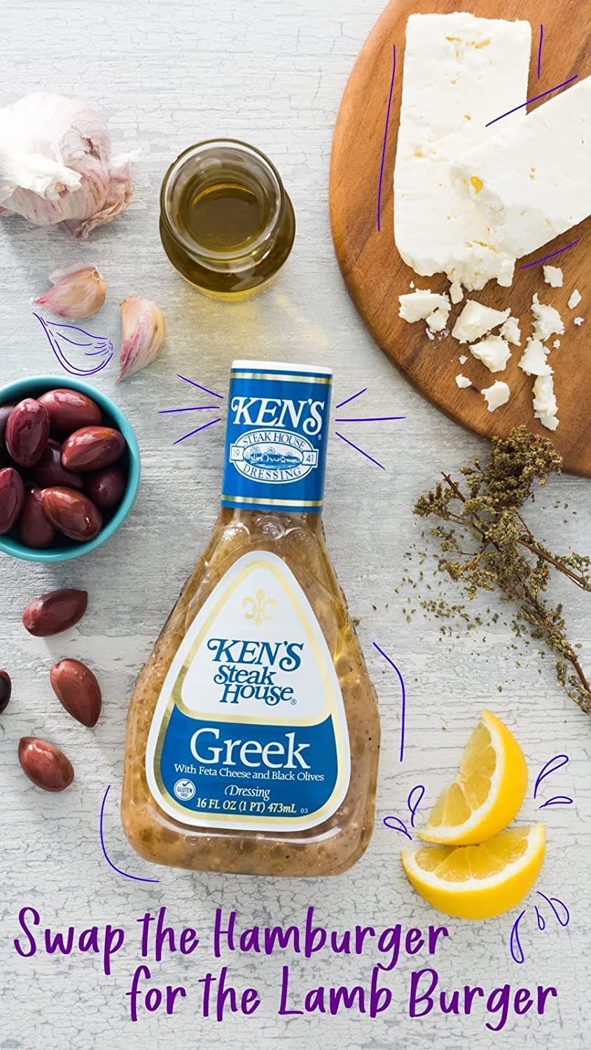 Kens Steakhouse Greek Dressing with Feta Cheese & Black Olives, Gluten Free, 16 Fl Oz (Pack of 4)