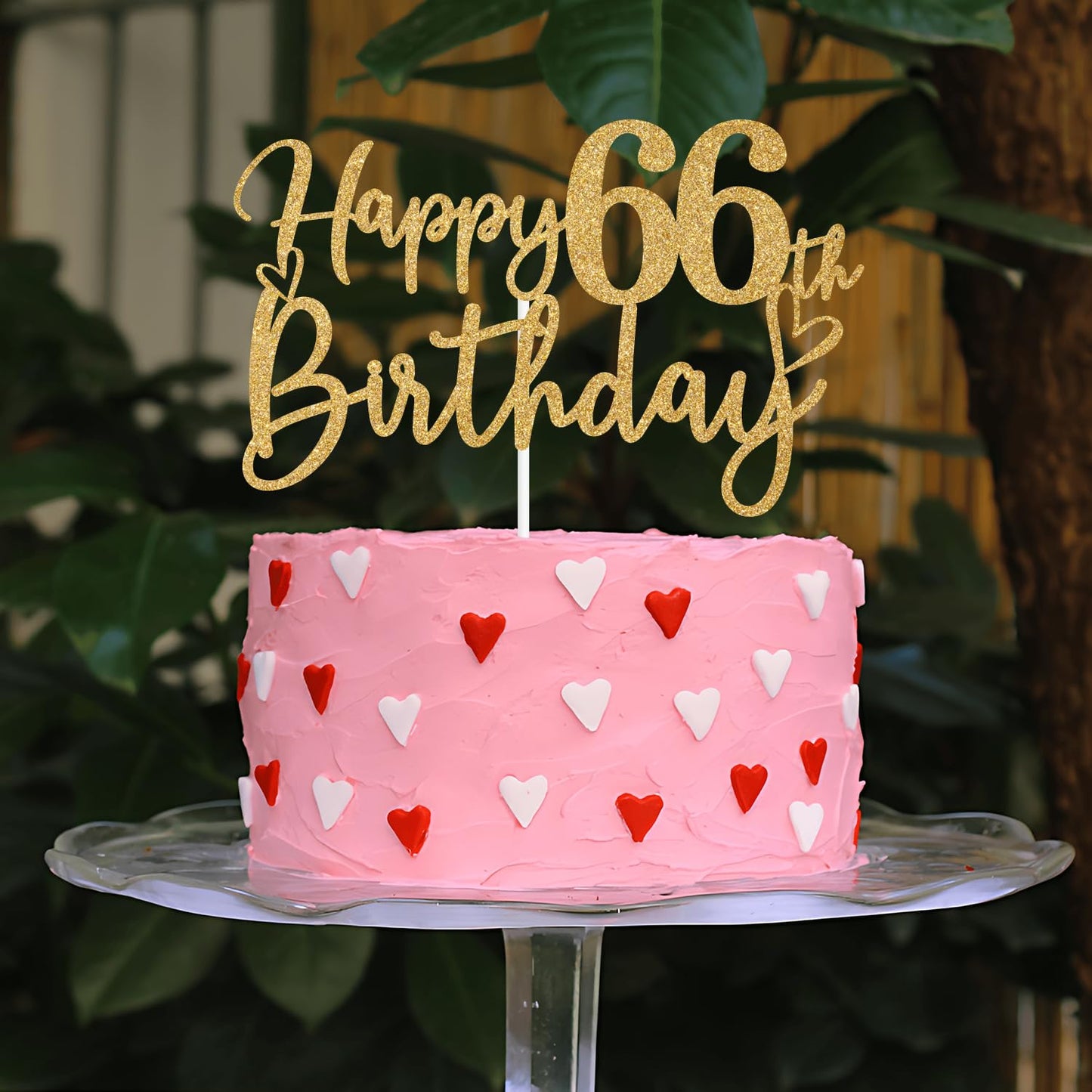 Sriburcio Gold Glitter Happy 66th Birthday Cake Topper - 66 Years Loved & Blessed Party Decor