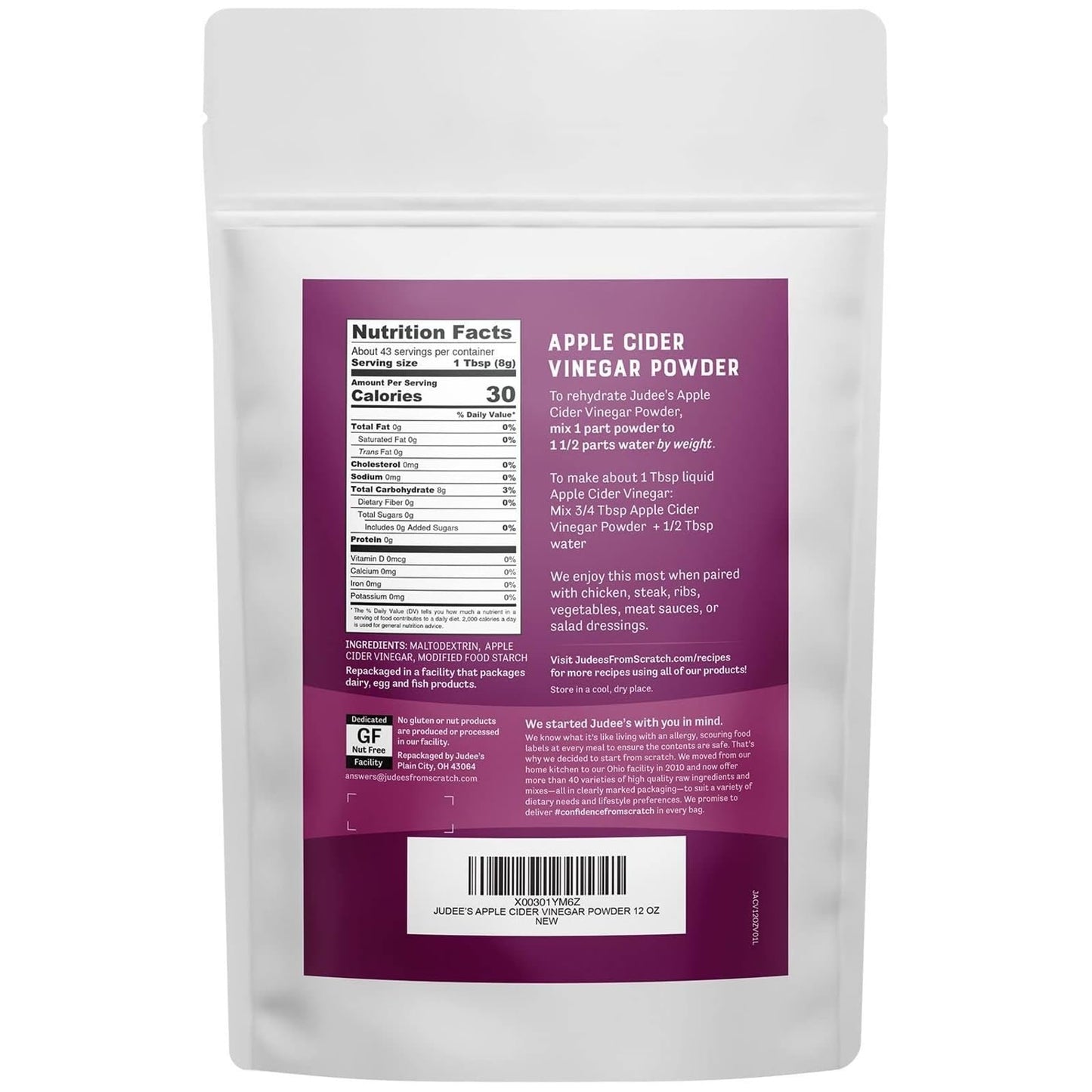 Judees Apple Cider Vinegar Powder - Gluten-Free, Keto-Friendly, 12 oz