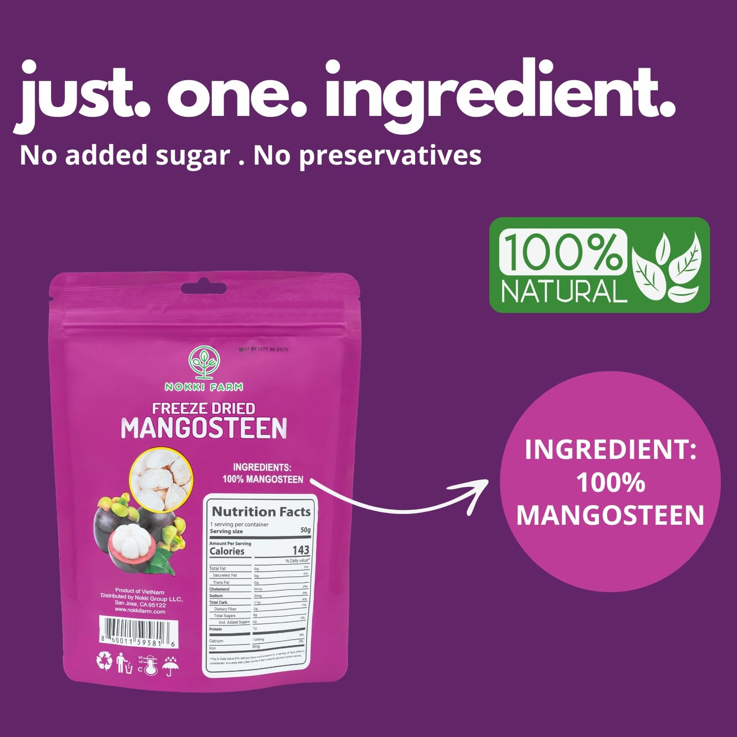 (Pack Of 3) Nokki Farm Freeze Dried Mangosteen 50G | Superfood| 100% Natural | No Sugar Added | Vegan | Non Gmo | All Natural |