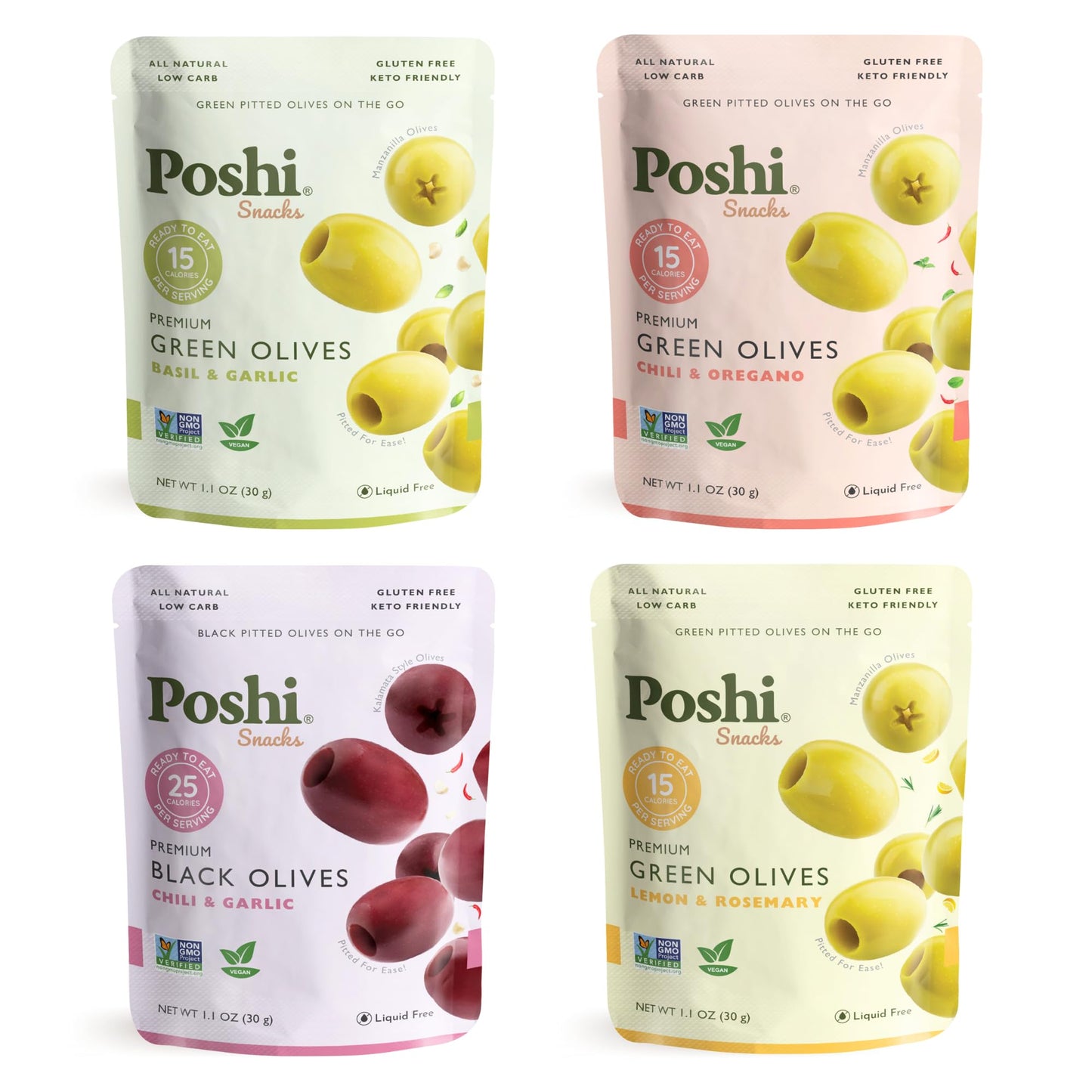 OLOVES Natural Whole Pitted Olives  24 Pack Variety  Basil & garlic, chili & Oregano, Lemon & Rosemary  Vegan, Kosher, gluten Fr