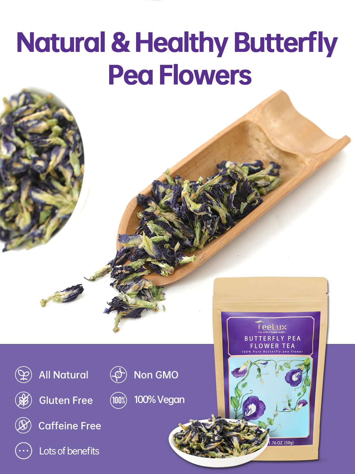 TeeLux Butterfly Pea Flower Tea, Non-GMO, Premium Dried Flowers, 1.76 Oz