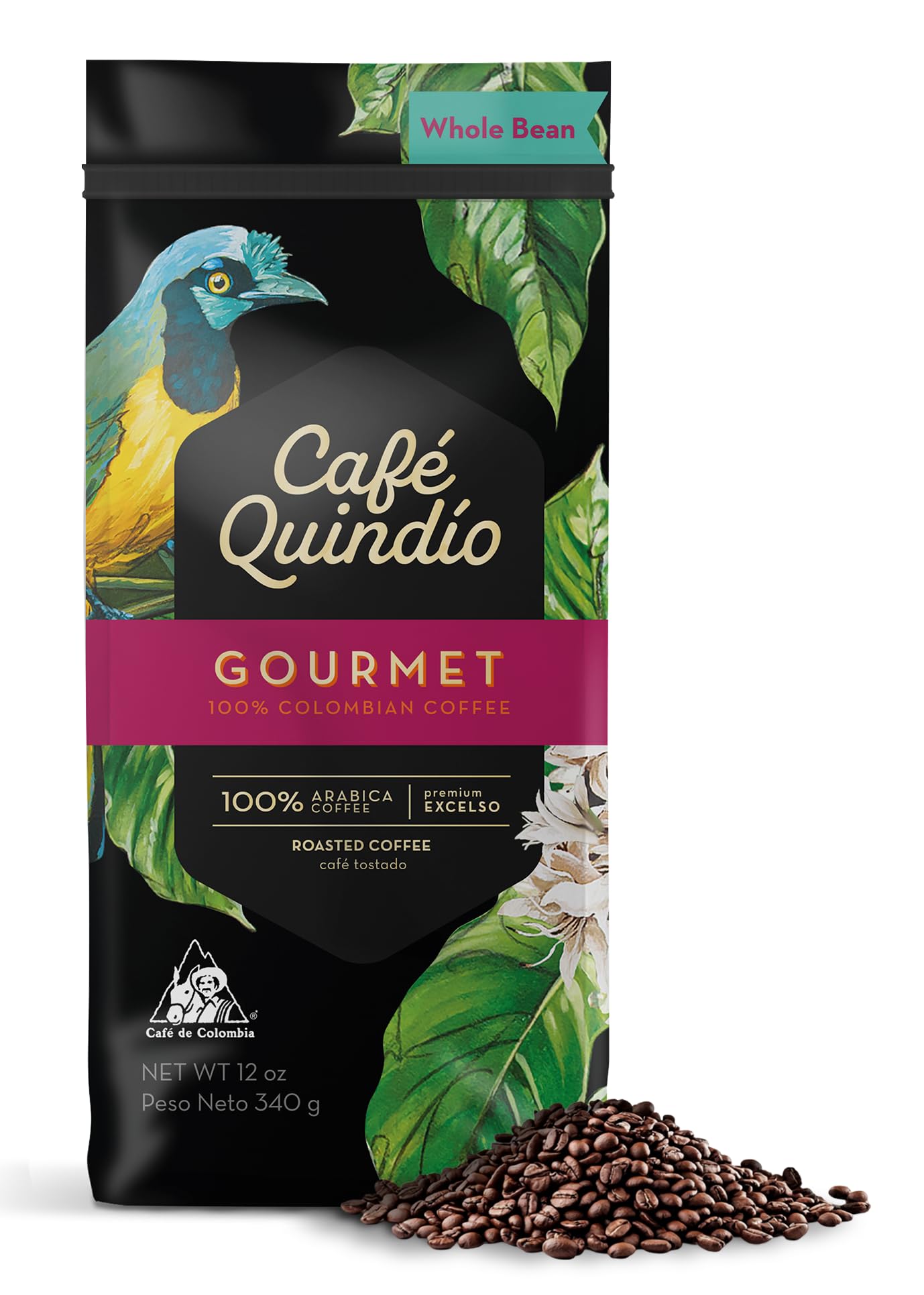 Cafe Quindio Gourmet - Medium Roast 100% Colombian Excelso Whole Bean Arabica Coffee - 12 Ounce Bag (340g)
