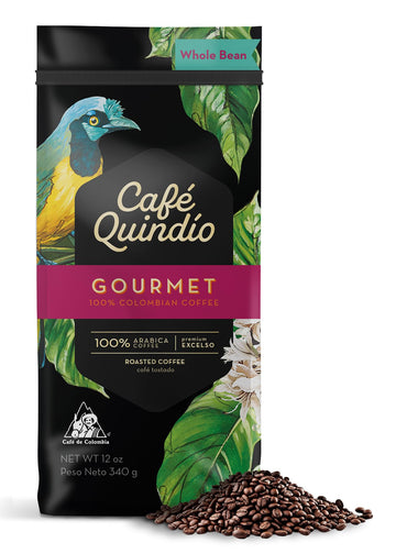 Cafe Quindio Gourmet - Medium Roast 100% Colombian Excelso Whole Bean Arabica Coffee - 12 Ounce Bag (340g)
