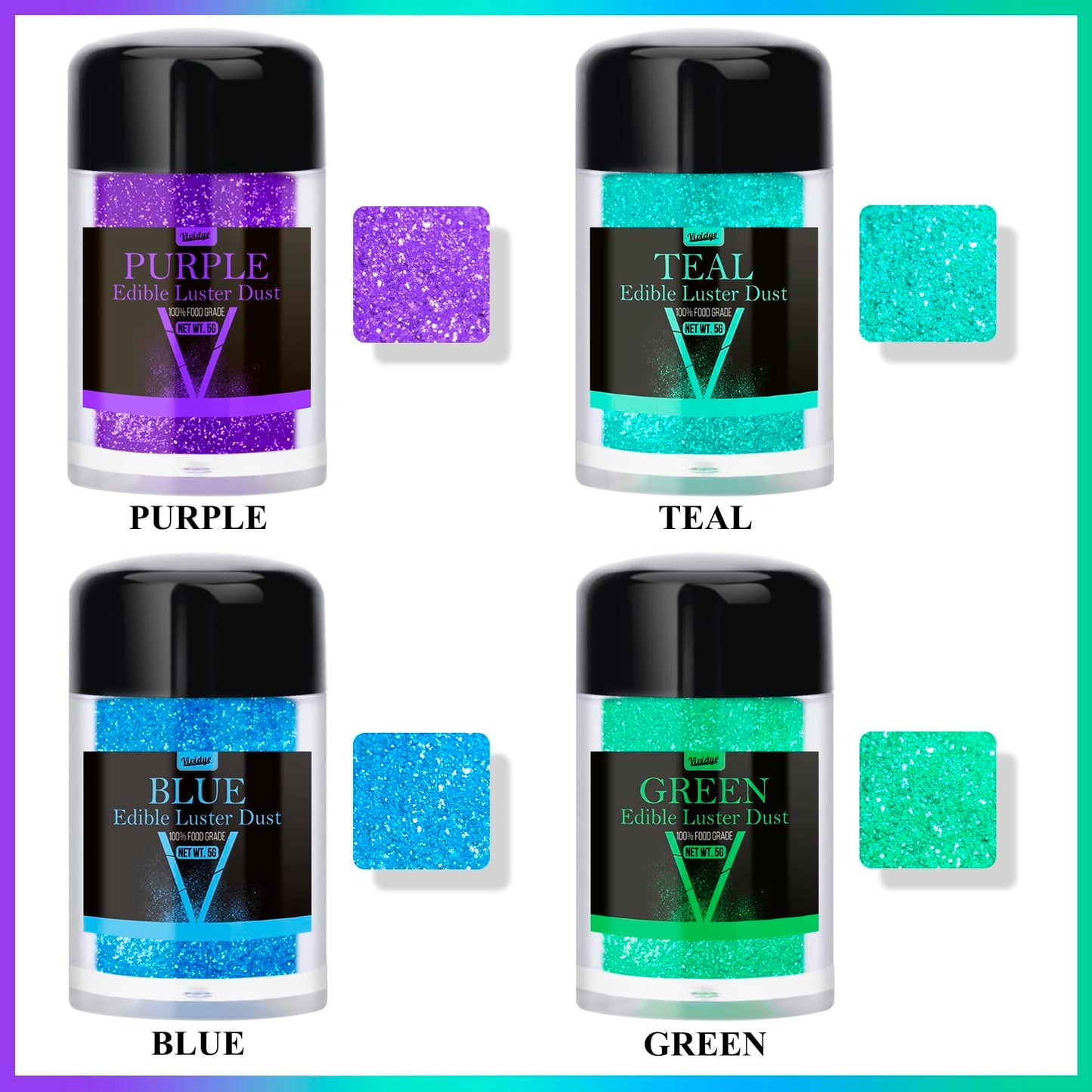 Vividye Edible Glitter Powder - Luster Dust for Baking & Drinks - 4 Colors - 5g Bottles
